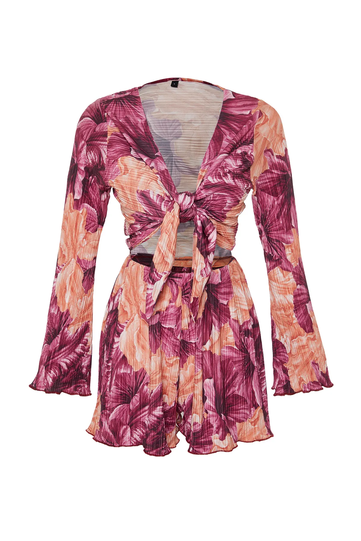Trendyol Collection  Mehrfarbiger, plissierter, langärmliger Anzug aus Stretch-Strick mit Blumenmuster TWOSS24AU00090