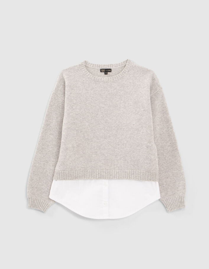Pull gris tricot trompe-l'oeil chemise fille