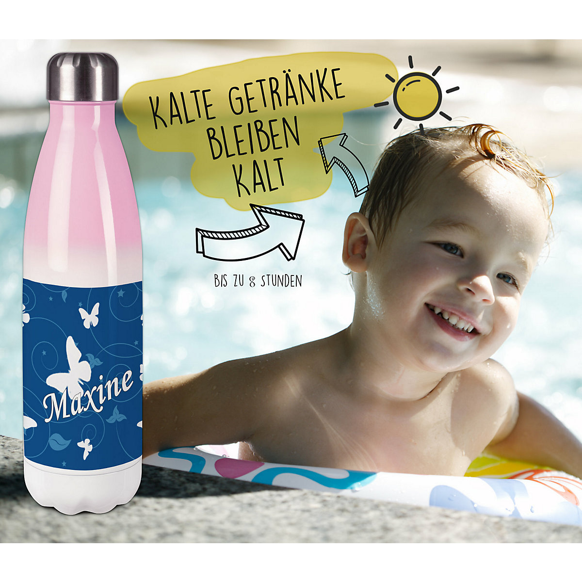Edelstahl Kinder Thermoflasche / Trinkflasche bunt Schmetterling Ornamente Farbe blau Spülmaschinenfest, Auslaufsicher, Bruchfest, Doppelwandig, Für Heißgetränke geeignet, Mit Deckel, Isoliert
