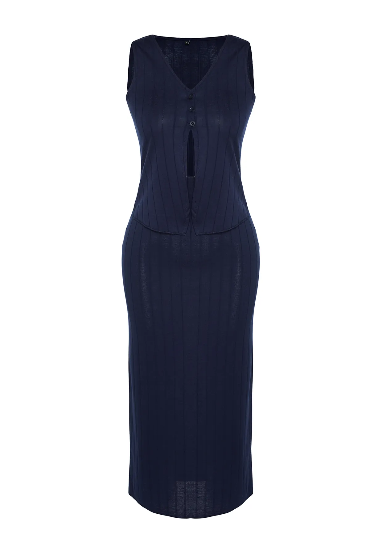 Trendyol Collection  Marineblaues, geripptes, knopfdetailliertes, dehnbares Midirock-Strick-Bottom-Top-Set TWOSS24AU00003