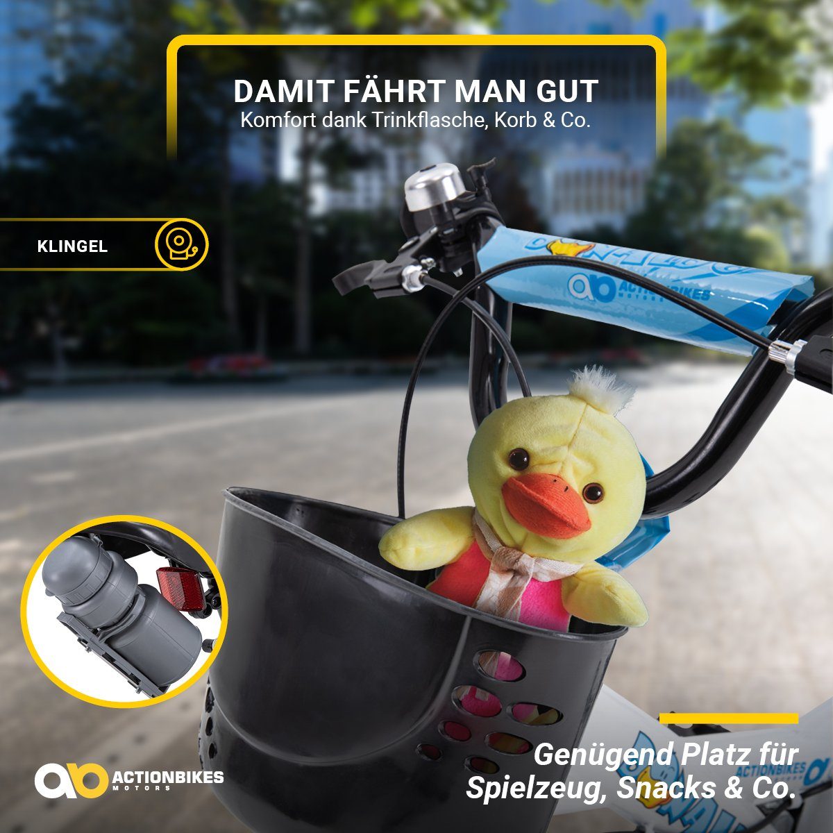 Actionbikes Motors Kinderfahrrad Kinder Fahrrad BMX Donaldo inkl. Korb - weiß / blau, 1 Gang, ohne Schaltung, (12 Zoll, ab 95 cm Körpergröße, max. Zuladung 35 kg, abnehmbare Stützräder, Klingel, Trinkflasche inkl. Halterung, Reflektoren, Antirutschgr