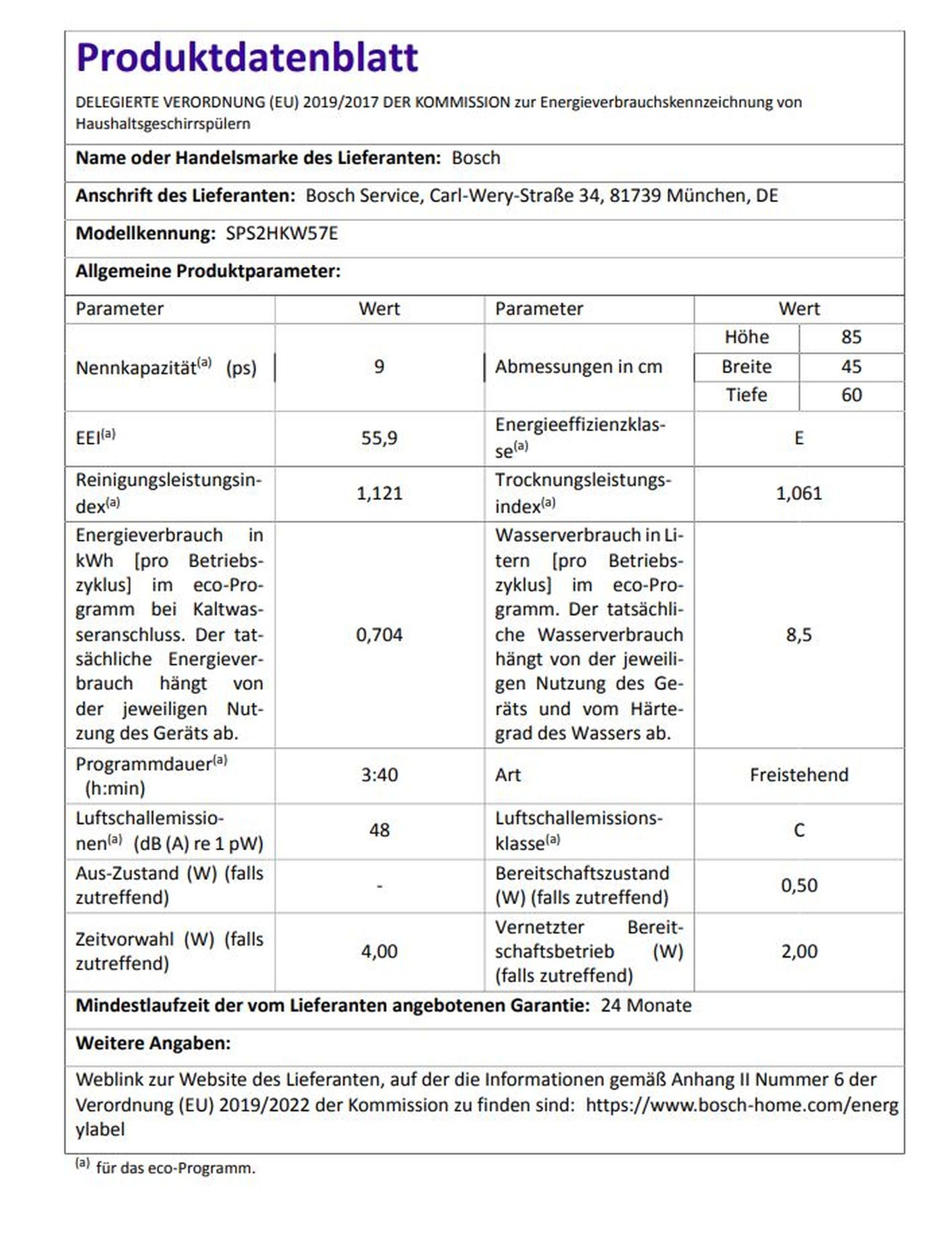 BOSCH Standgeschirrspüler, SPS2HKW57E, 9 Maßgedecke