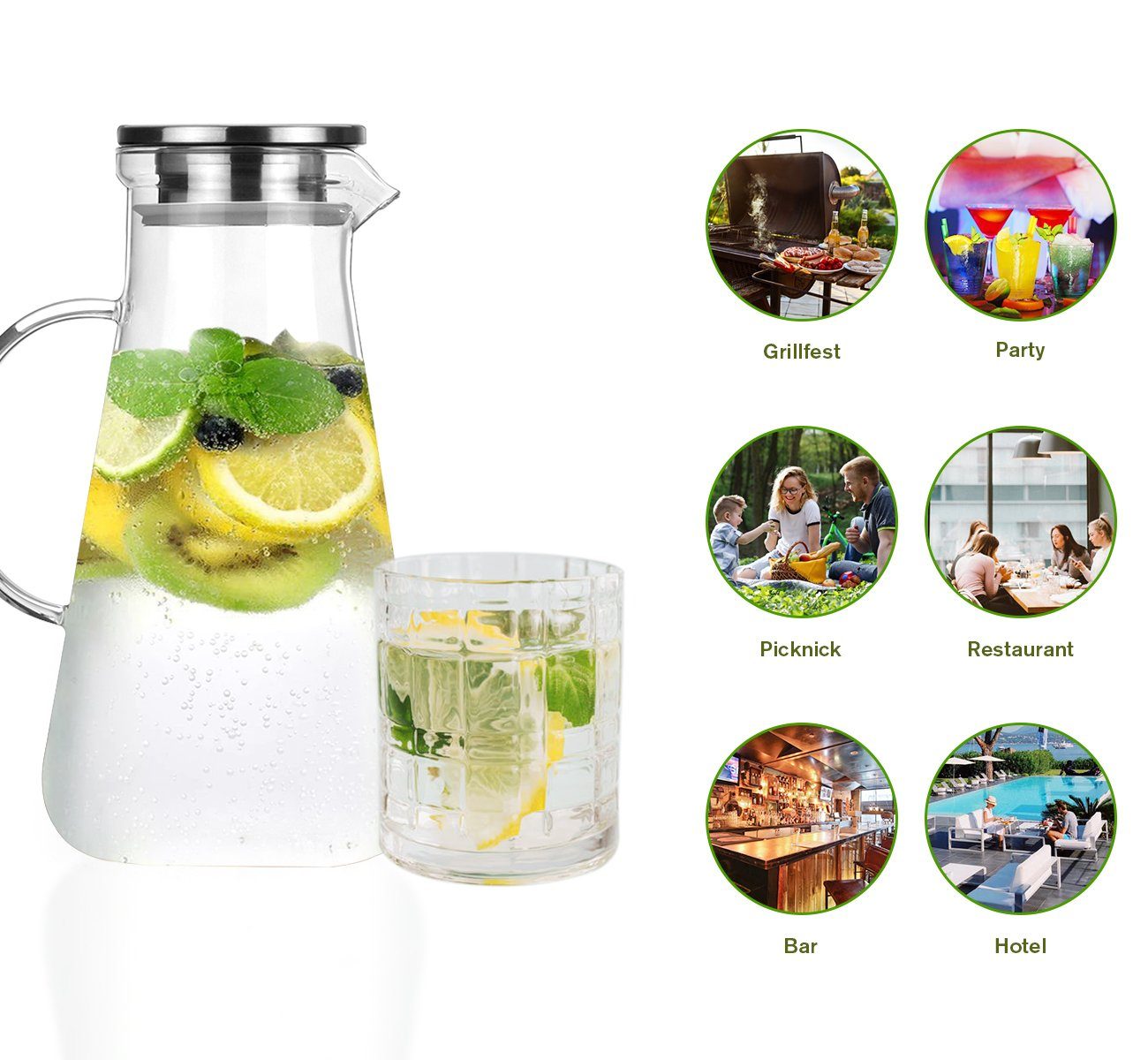 Homewit Wasserkaraffe 2,2L Glas Wasserkaraffe Wasserkrug Kühlkaraffe Glaskaraffe mit Edelstahl Filter, (Set, 1-tlg., 2.2 L), für die Zubereitung und Servierung von heißen oder kalten Getränken