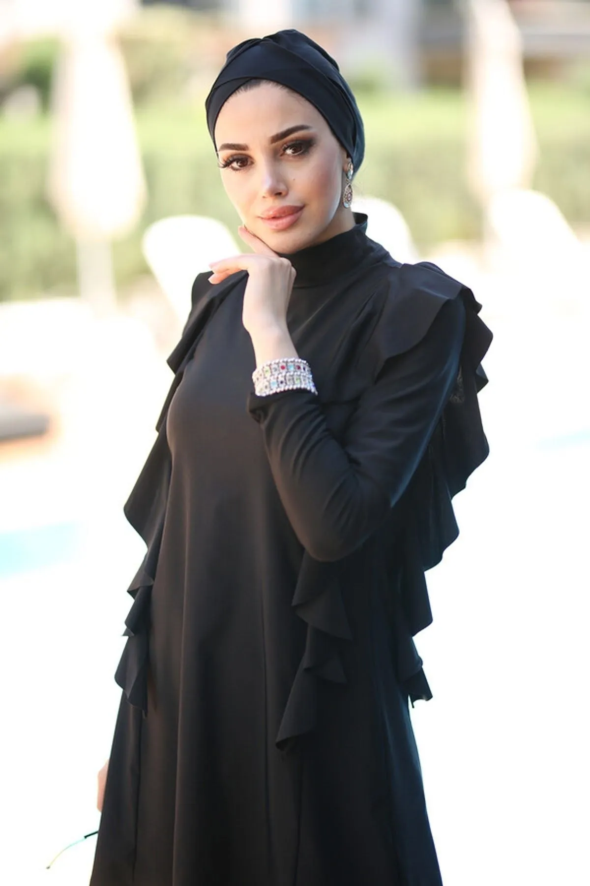 Remsa Mayo  Remsa Design Lycra vollständig bedeckter Hijab-Badeanzug mit Rüschen an der Seite R033 Seda Black