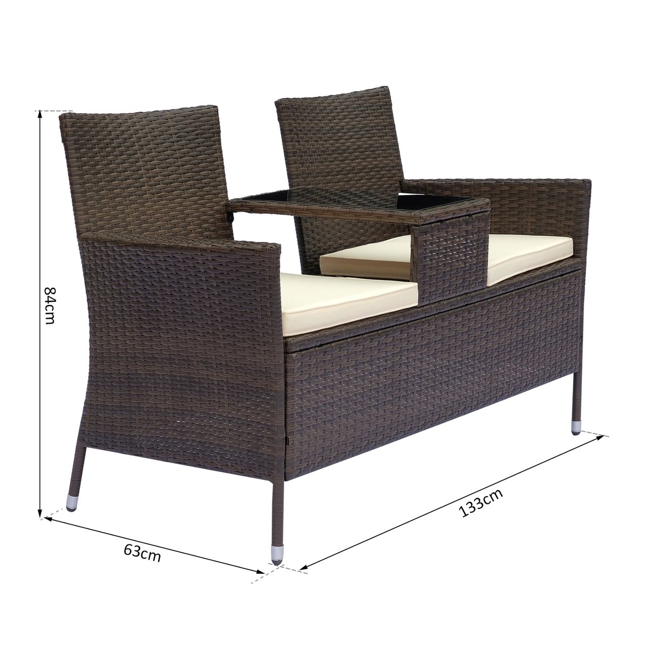 Outsunny Polyrattan Gartenbank Gartensofa Sitzbank mit Tisch 2-Sitzer Stahl Braun