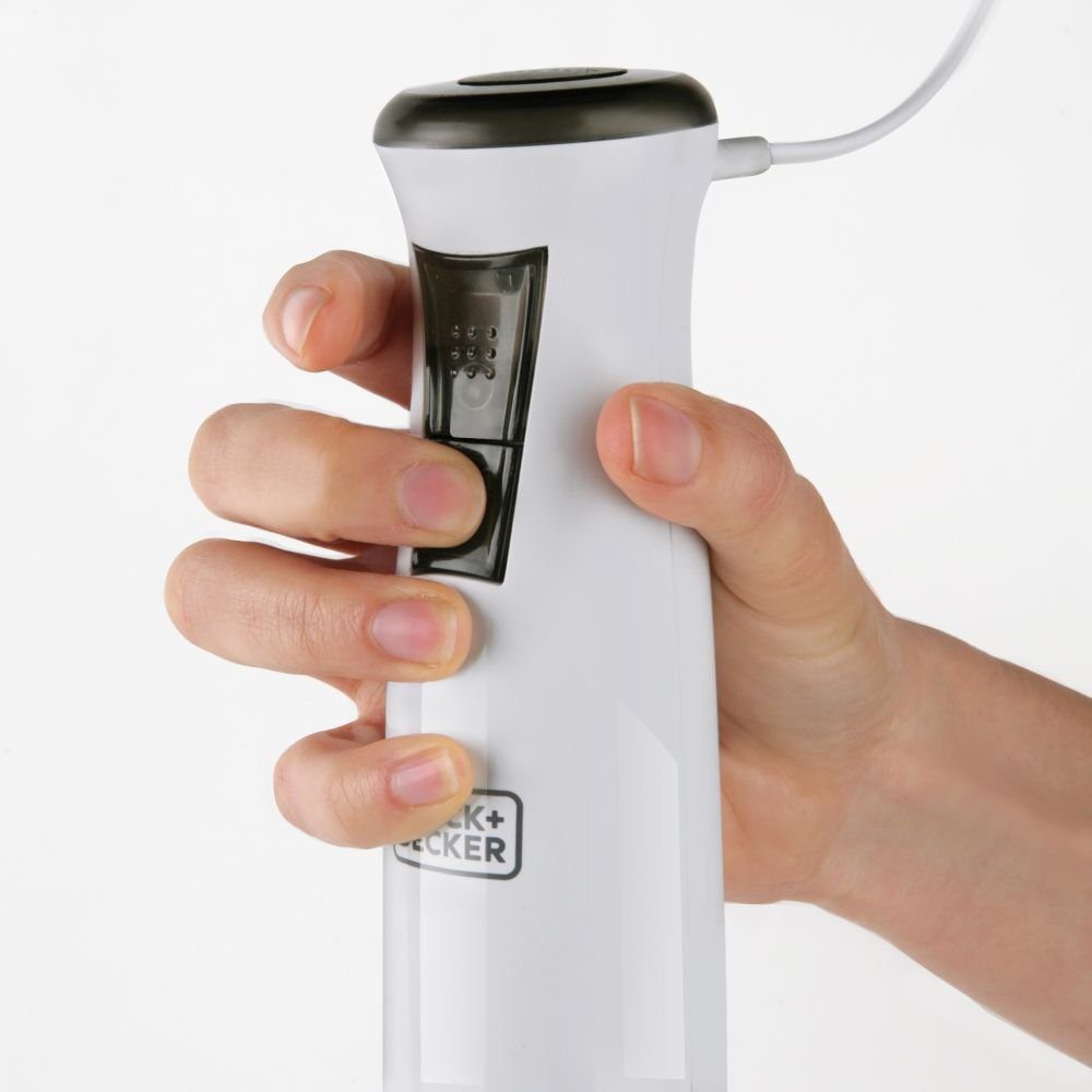 Black & Decker Stabmixer Stabmixer Weiß 600W Zerkleinerer Schneebesen 20 Leistungsstufen, 600 W, 20 Leistungsstufen ink. Turbofunktion und Anti Splash Design