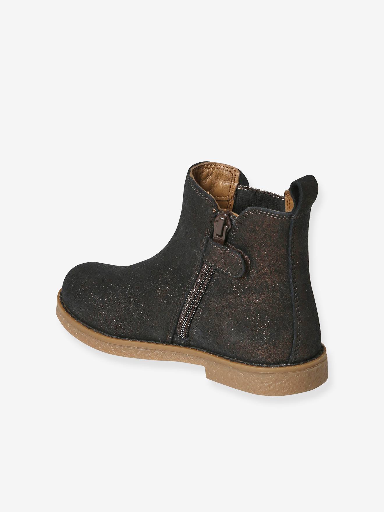 Boots cuir fille zippées et élastiquées marron irisé