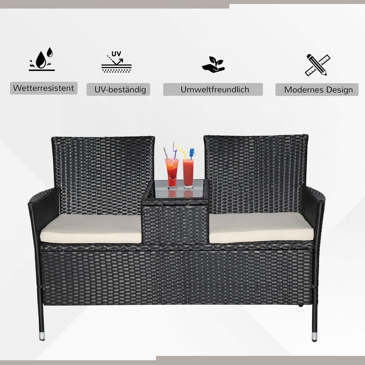 Outsunny Polyrattan Gartenbank Gartensofa Sitzbank mit Tisch 2-Sitzer Stahl Schwarz B133 x T63 x H84cm