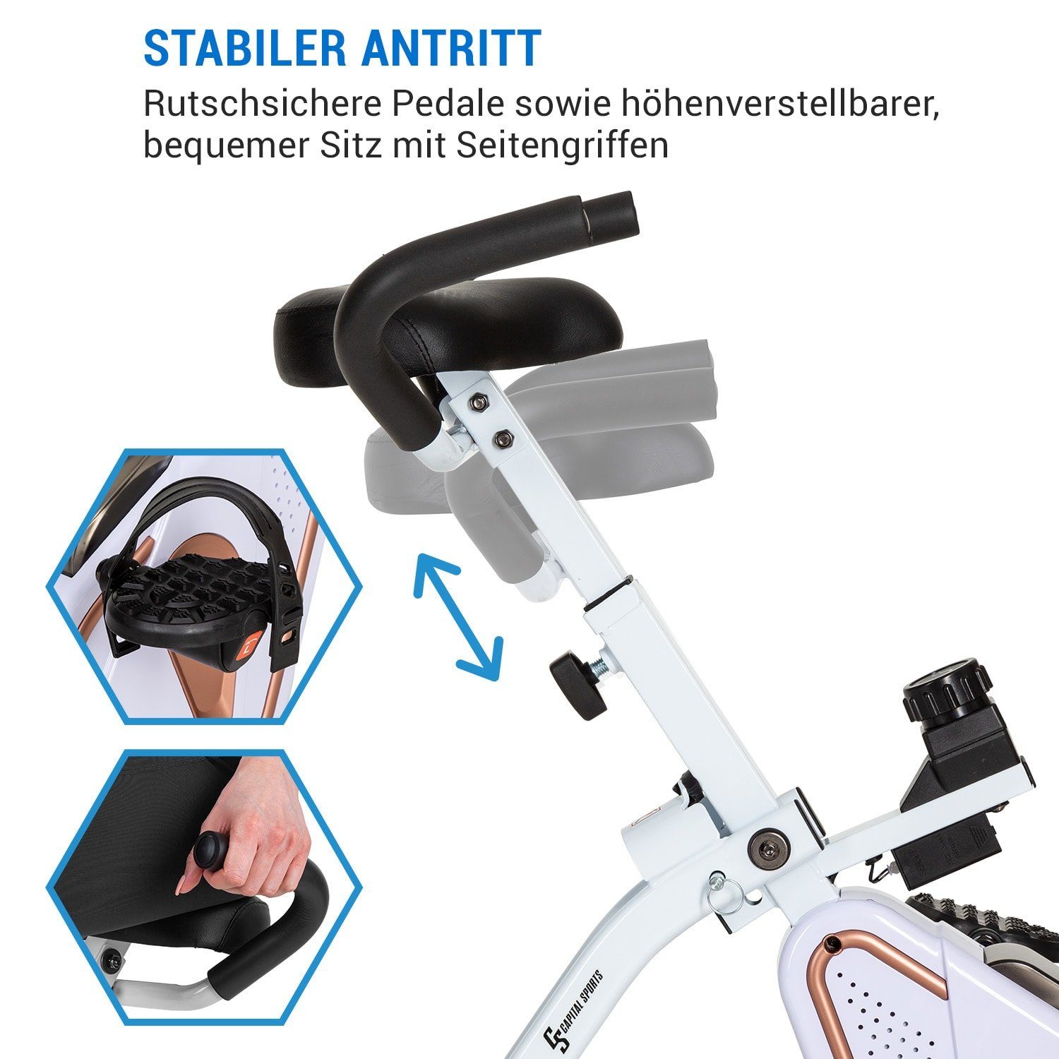 Capital Sports Fahrradtrainer Azura Desk Bike Heimtrainer 7,5 kg Schwungmasse Riemenantrieb (gepolsterte Griffe aus PU-Schaumstoff), Standfahrrad Heimtrainer Hometrainer Fahrrad klappbar Cardio Trainingsgerät Ausdauertraining Fitness Fahrrad