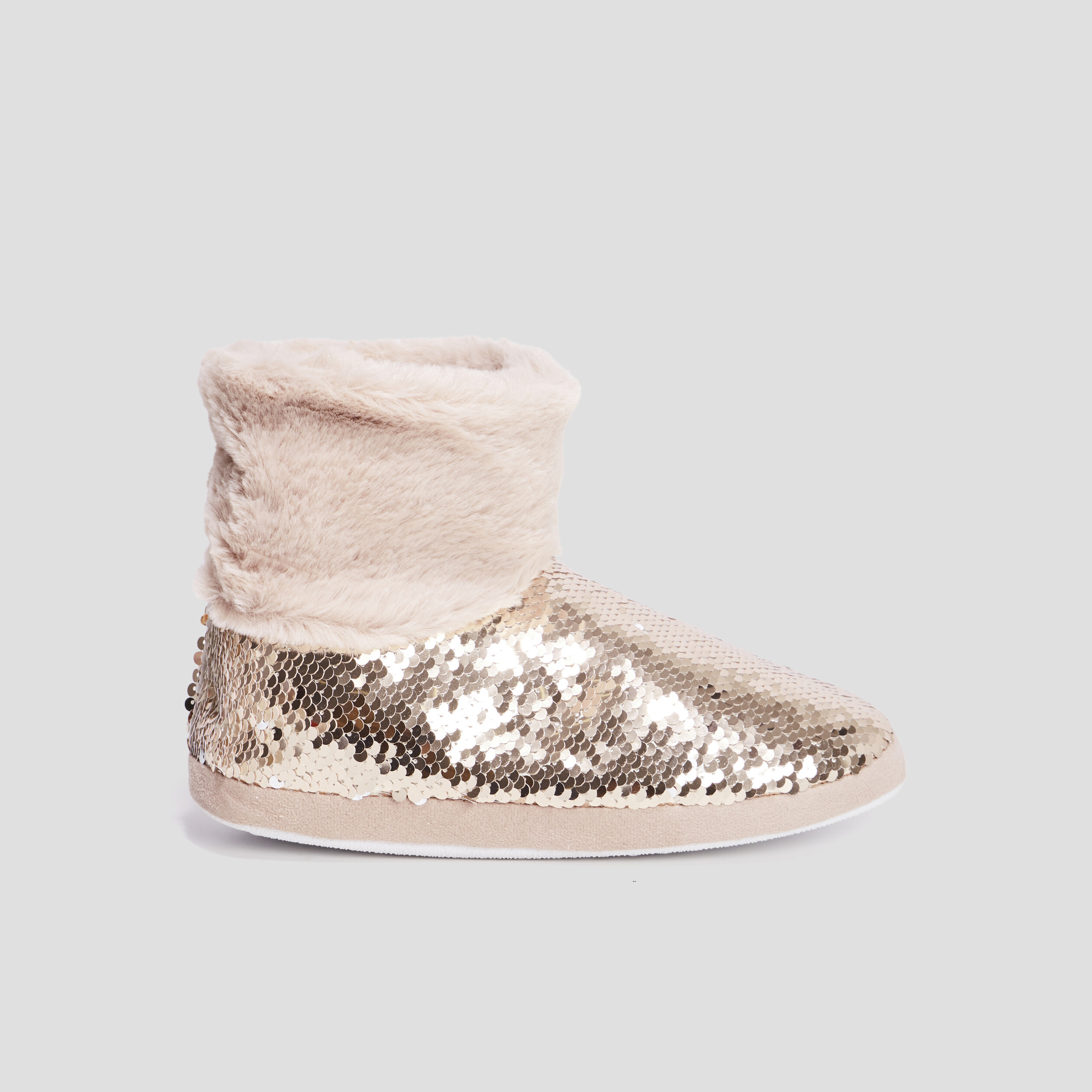 Chaussons bottines sequins et fourrure jaune or femme | La Halle
