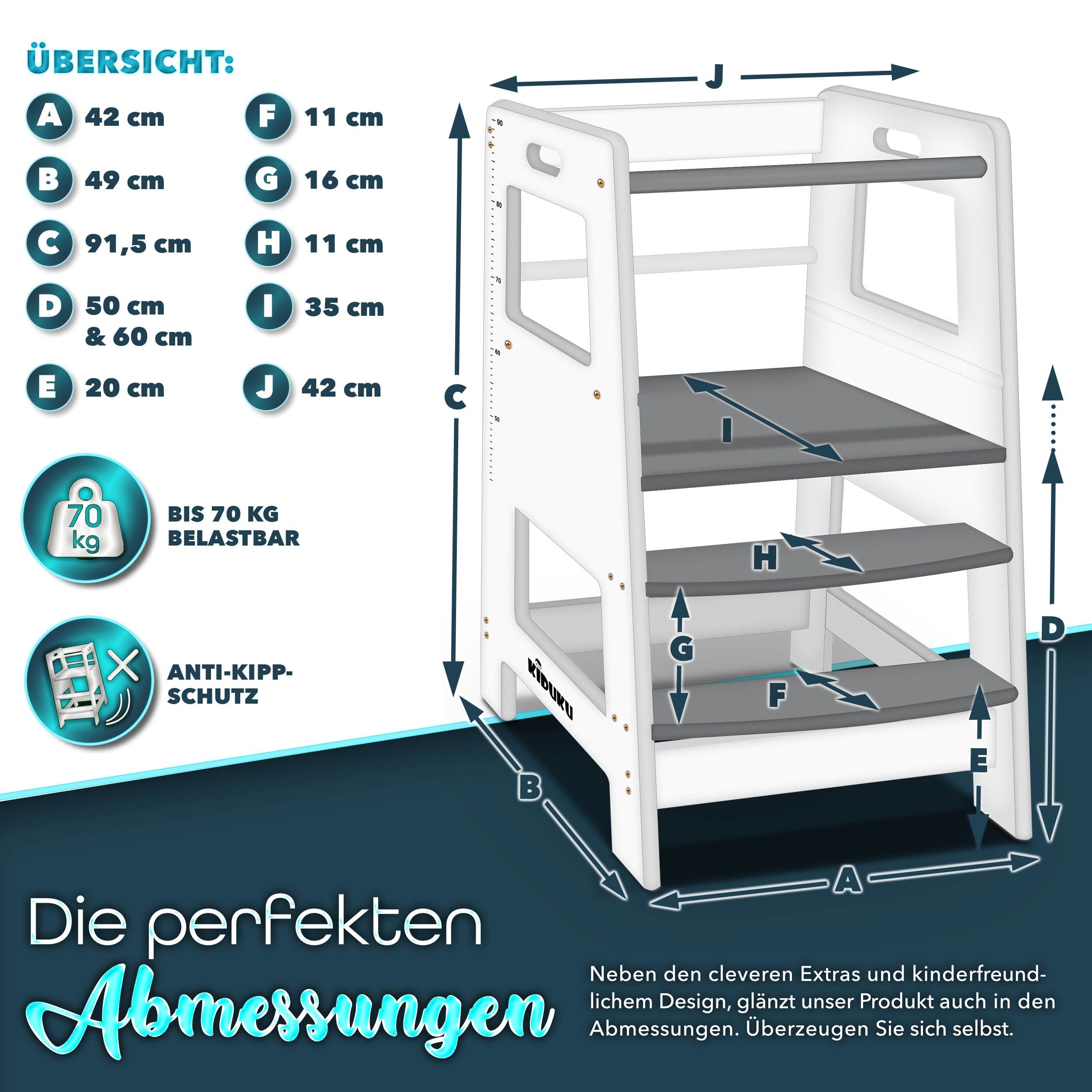 KIDUKU Stehhilfe Lernturm aus Holz ab 1 Jahr mit 4 Stück Antirutsch Pads (Montessori Kinder-Schemel für Kinder), Lerntower für höchste Sicherheit, Learning Tower für Mädchen & Jungen