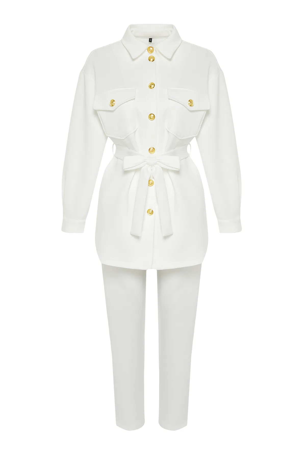 Trendyol Modest  Ecru Scuba Gold Button Detailliertes schlichtes Strick-Ober- und Unterteil-Set TCTSS24US00017