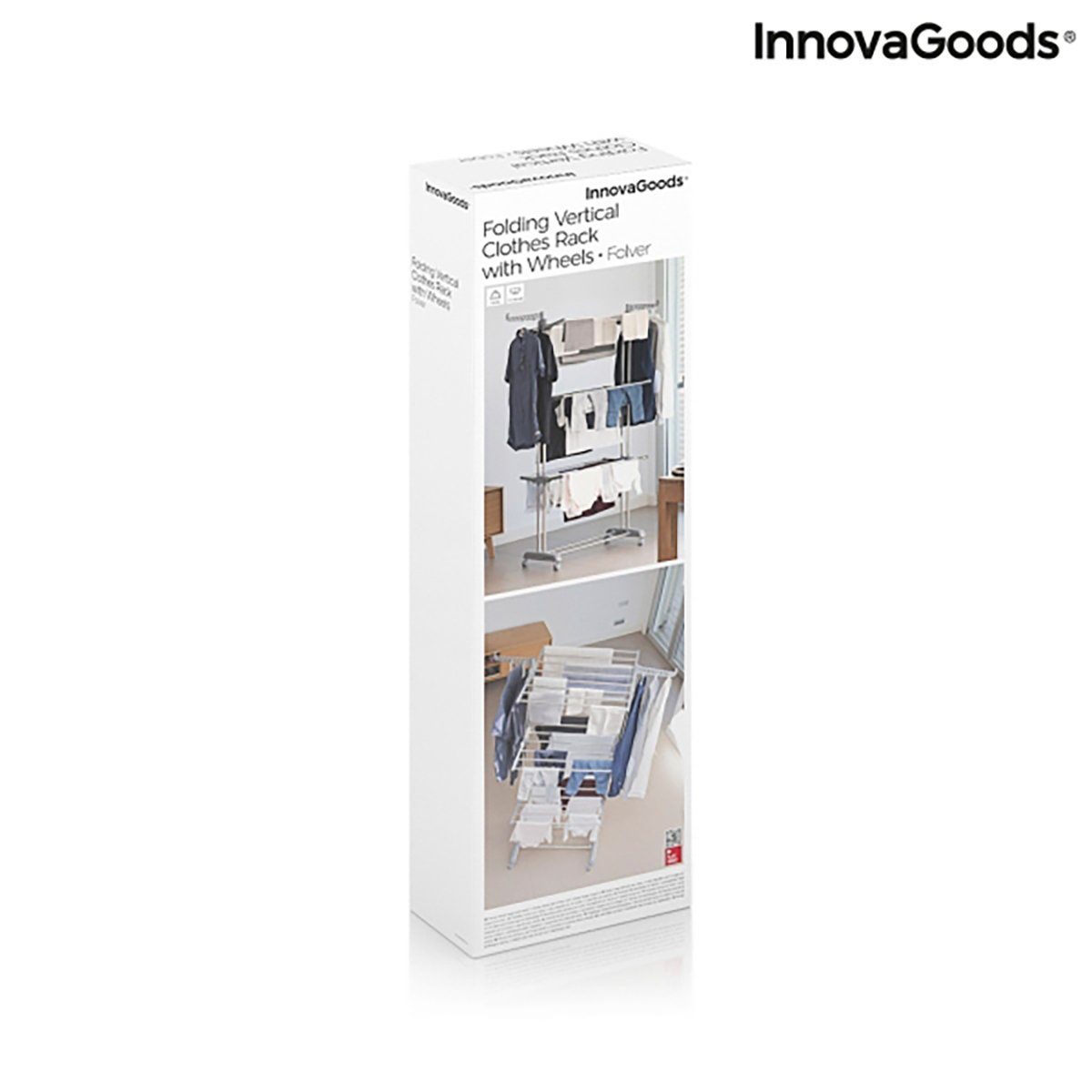 InnovaGoods Wäscheständer VERTIKALER KLAPPBARER WÄSCHESTÄNDER MIT RÄDERN & 24 STANGEN, leicht zu verstauen, leichtes Eigengewicht, hochwertige Qualität