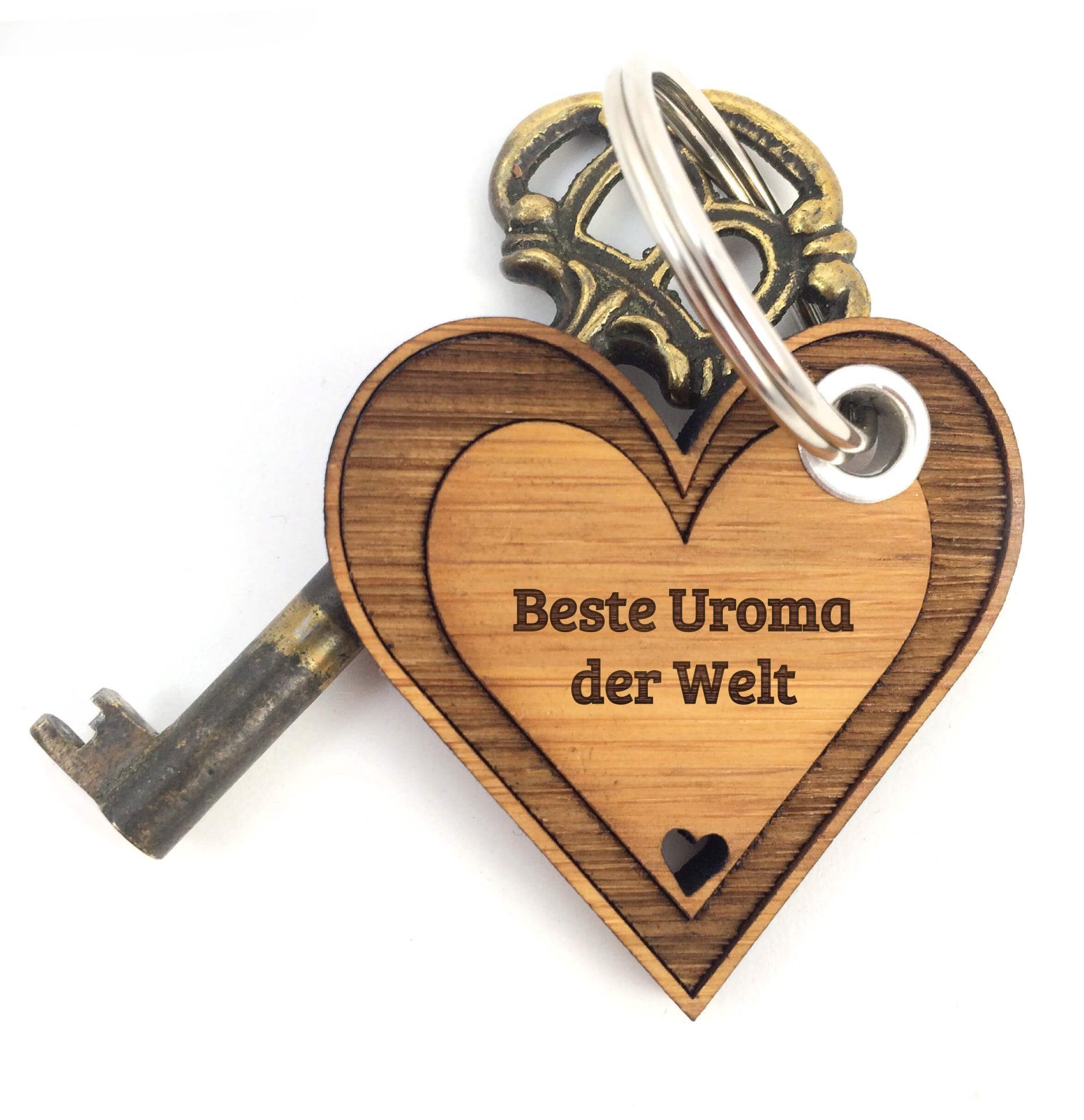 Mr. & Mrs. Panda Schlüsselanhänger Uroma - Bambus - Geschenk, verliebt, Glücksbringer, Herz, Herzchen, Geburtstag, Omi, Liebe, Anhänger, Taschenanhänger, Omma, Schlüsselanhänger (1-tlg)