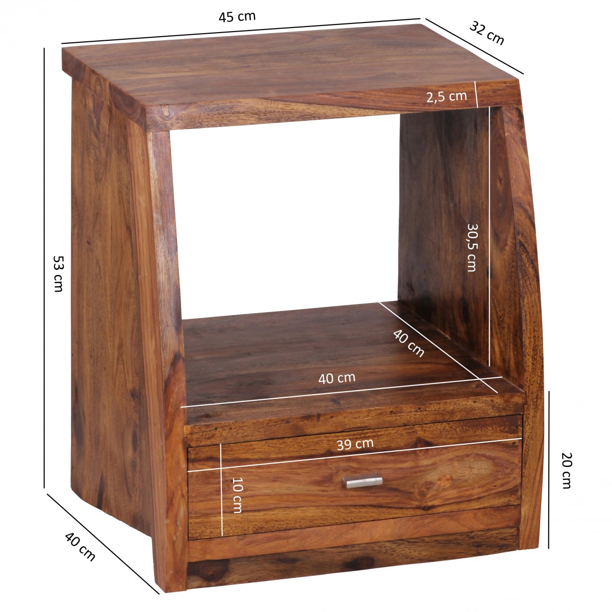 Wohnling Sheesham Massivholz Nachtkonsole mit 1 Schublade und Ablage 45 x 53 x 40 cm