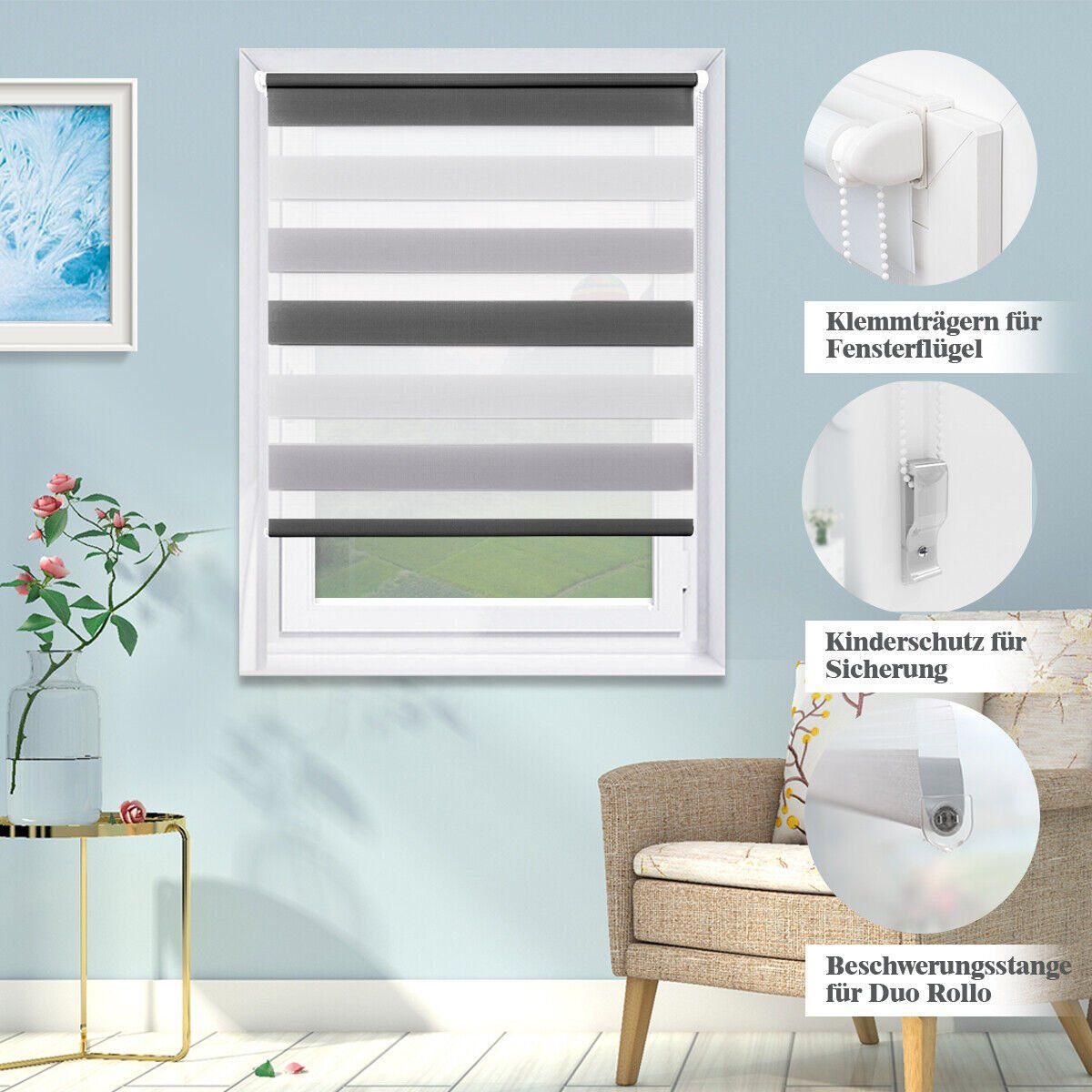 Doppelrollo ohne Bohren 130cm/150cm/230cm, OUBO, freihängend, verspannt, Klemmfix, Klemmträger, Für Fenster und Tür mit Klemmträger lichtdurchlässig verdunkelnd