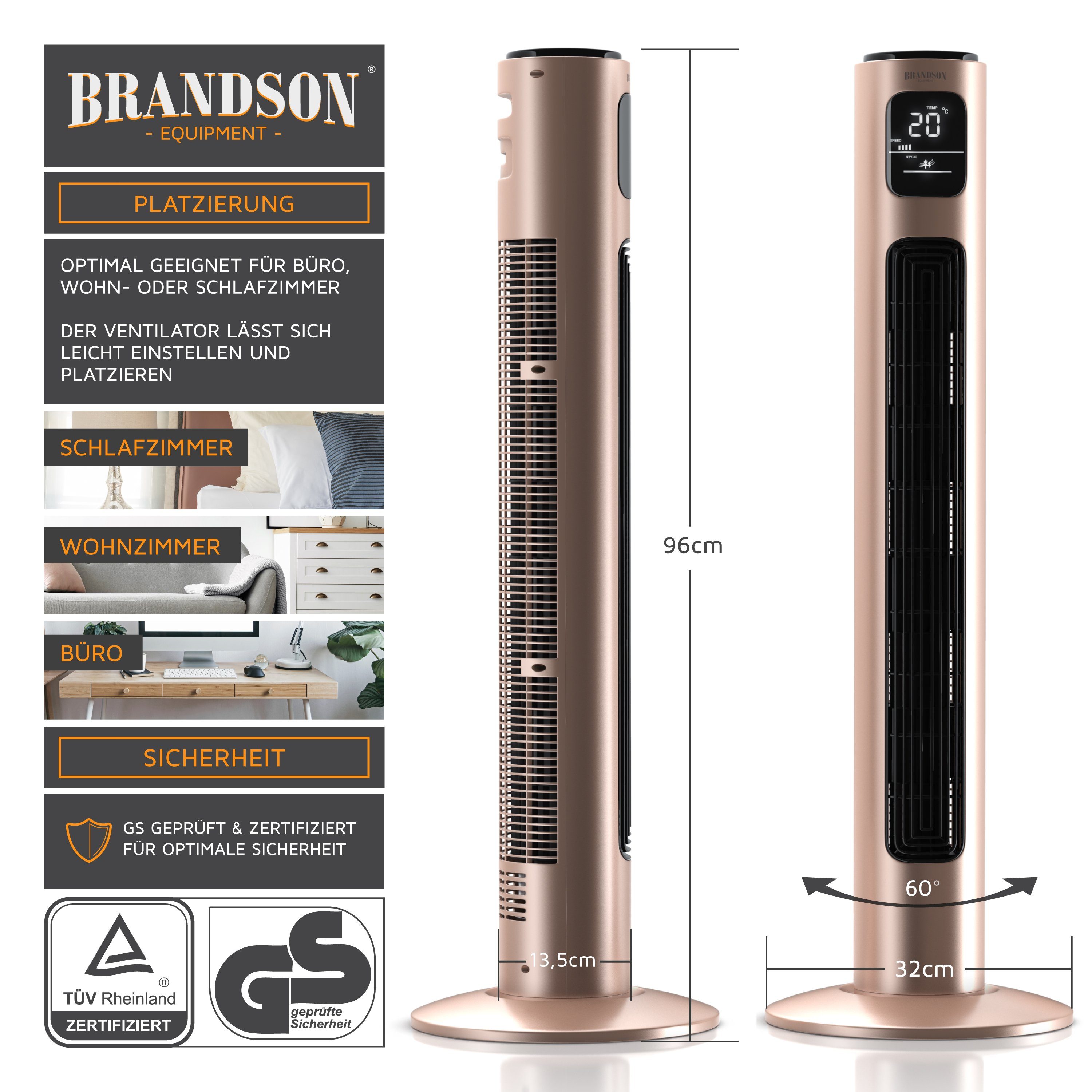 Brandson Turmventilator, Oszillation, Timer, Fernbedienung, Standventilator 96cm Pearl-Rouge