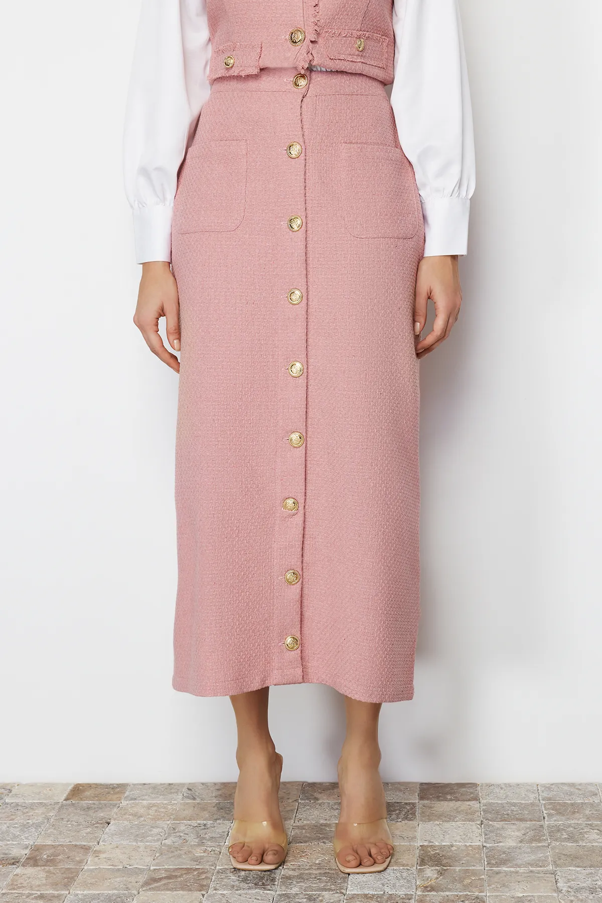 Trendyol Modest  Fuchsiafarbenes Tweed-Westenrock-Set mit gewebtem Unterteil und Oberteil TCTSS24US00013
