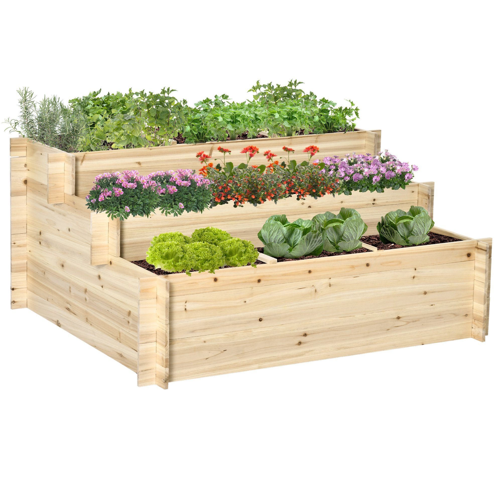 Outsunny Hochbeet 3-stufiges Pflanzentreppe, Pflanzenbeet, Kräuterbeet (Blumentreppe, 1 St., Blumenkasten), Natur, 117 x 100 x 54 cm