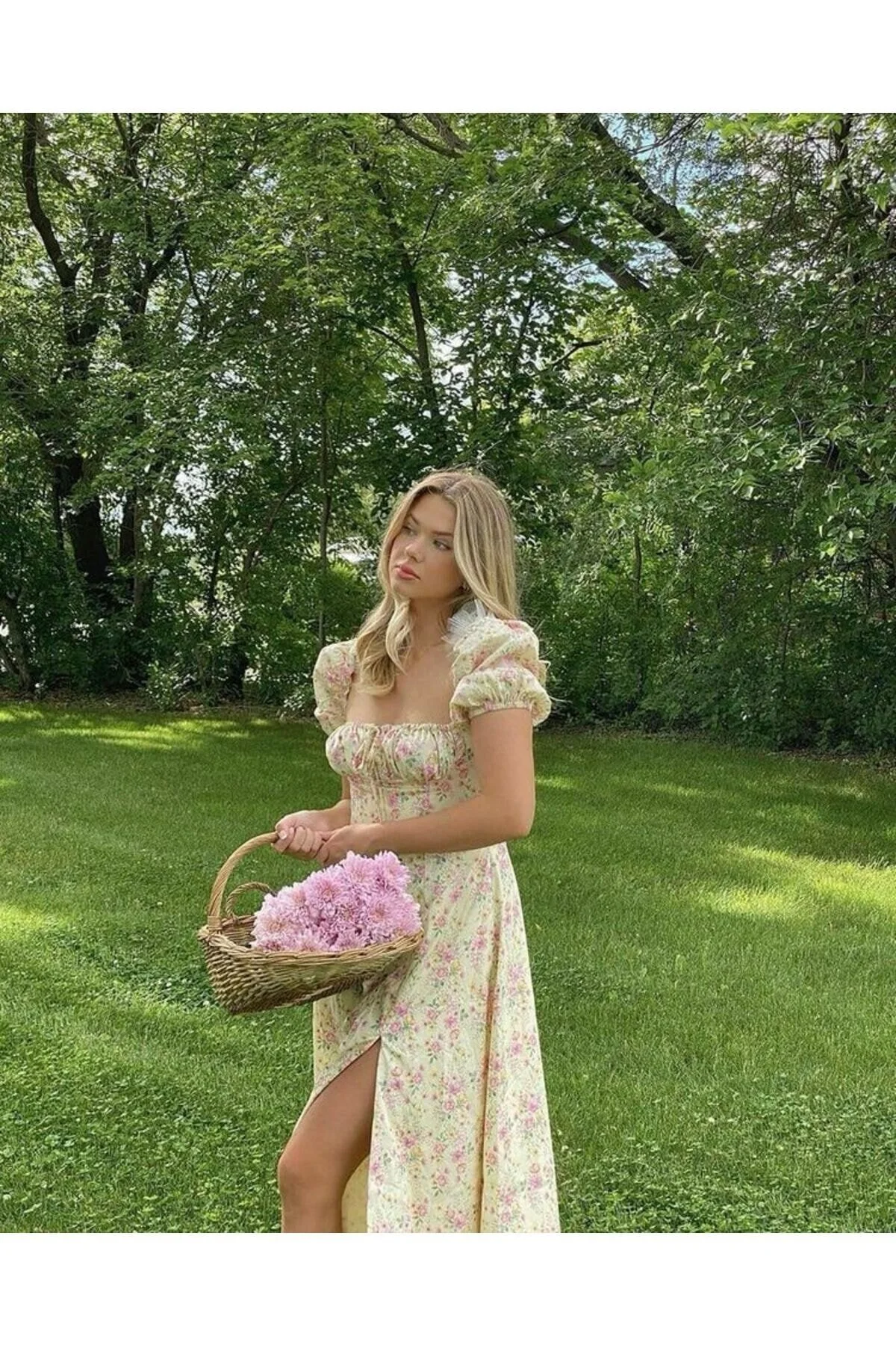 jüji  Damen Schlitz, Locker sitzender Rock, Ausschnitt, Bindedetail, Kurzarm, geblümtes weißes Sommerkleid