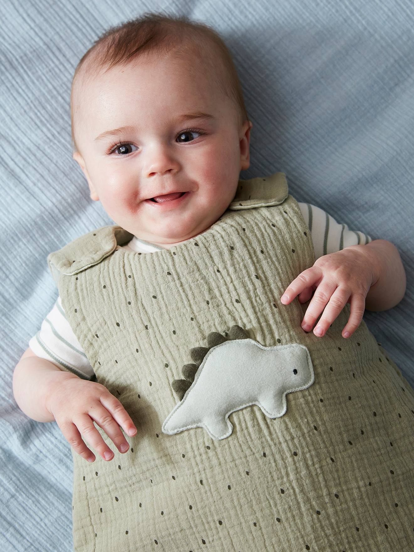Vertbaudet Ärmelloser Baby Schlafsack KLEINER DINO - khaki