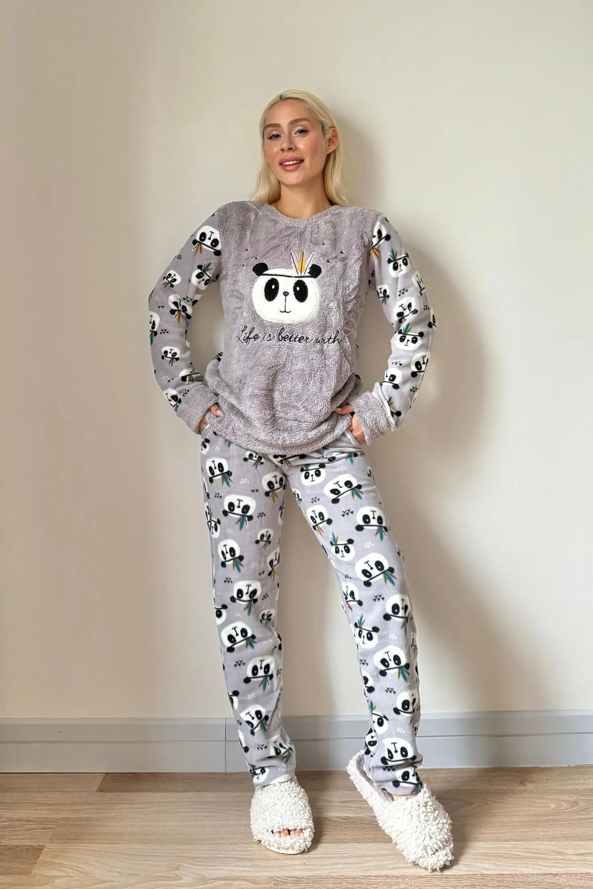 Pijamaevi  Damen-Pyjama-Set aus Plüsch mit Panda-Muster von Gray Life