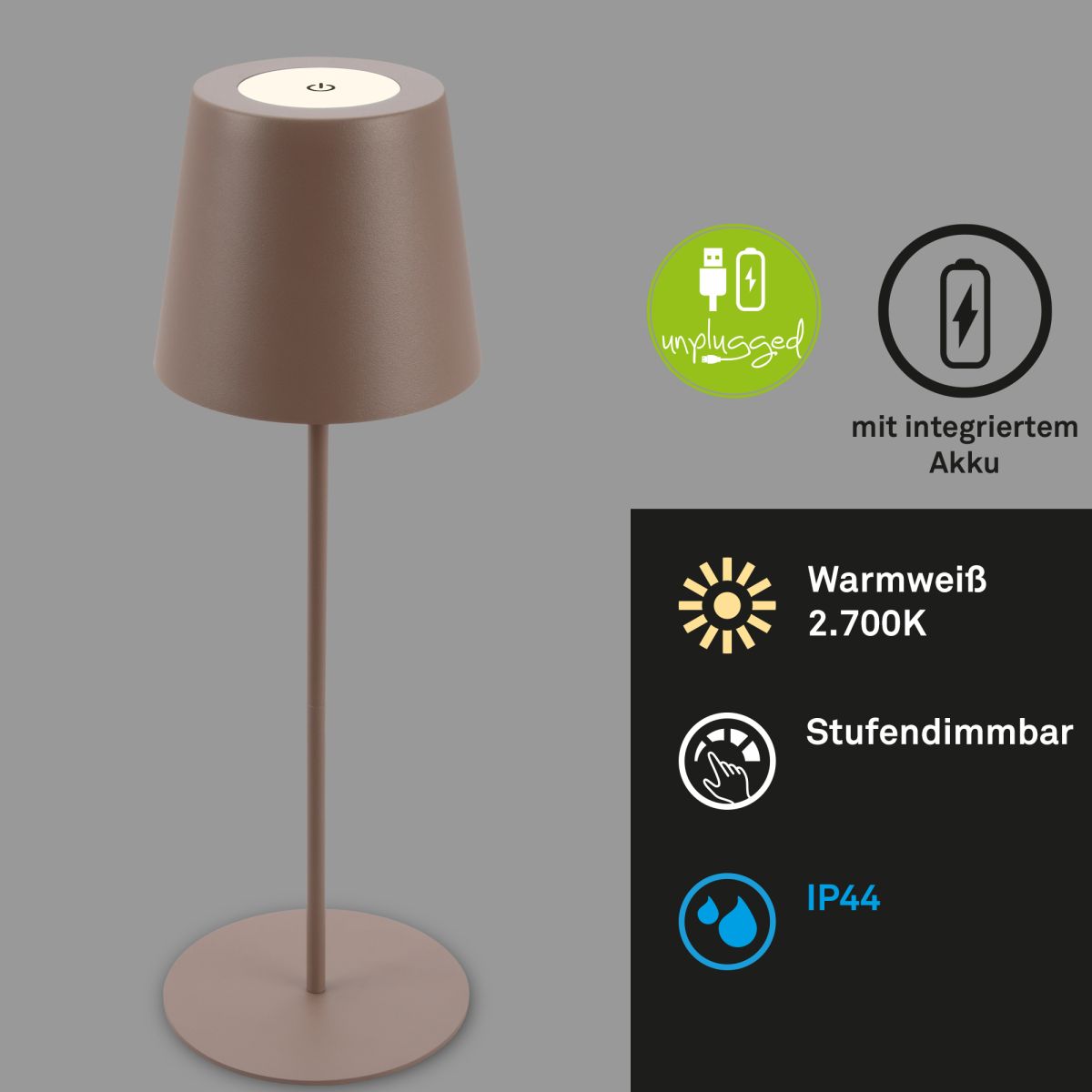 HVMM Akku LED Tischlampe Kiki Braun