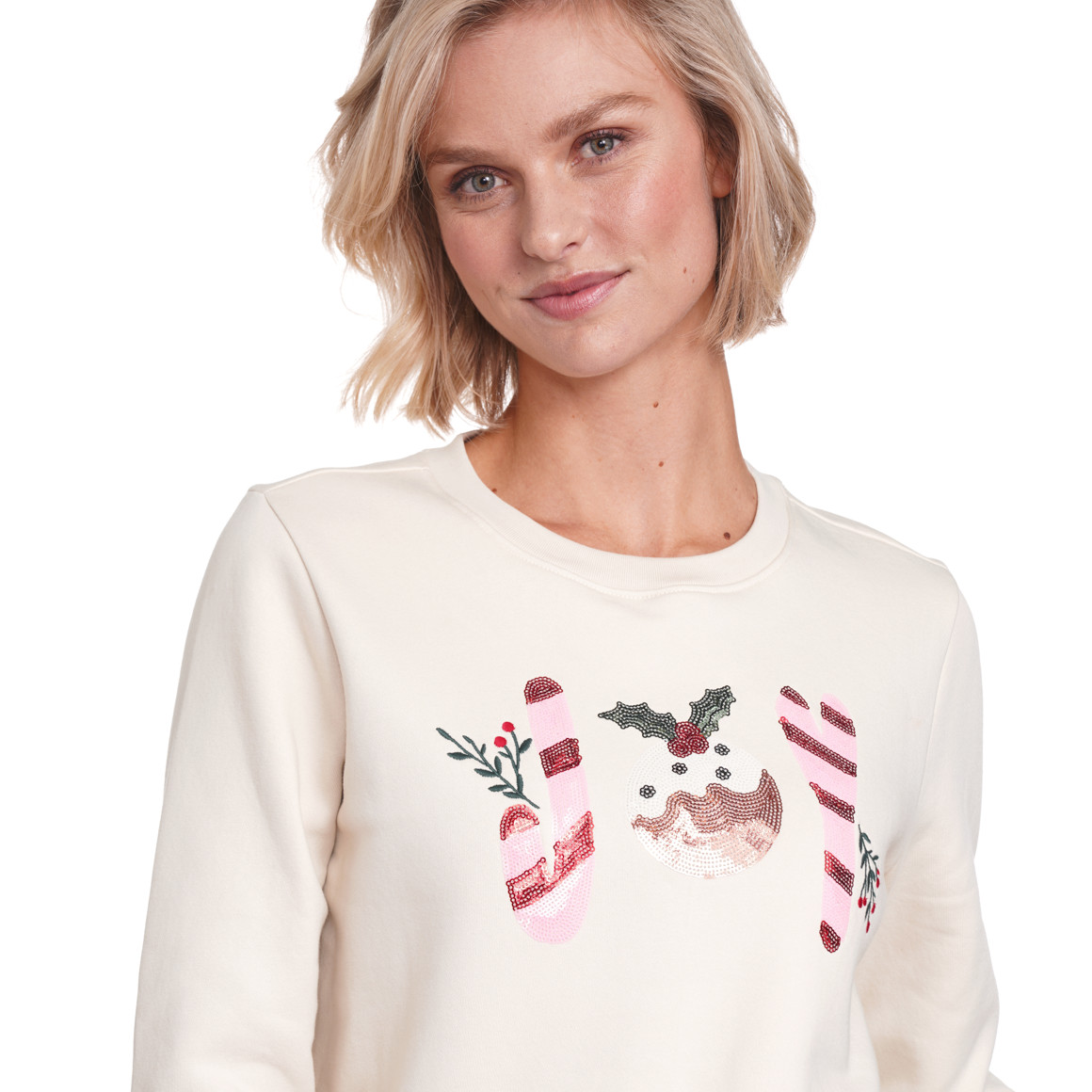 Damen Weihnachtssweatshirt mit Applikation cremeweiss
