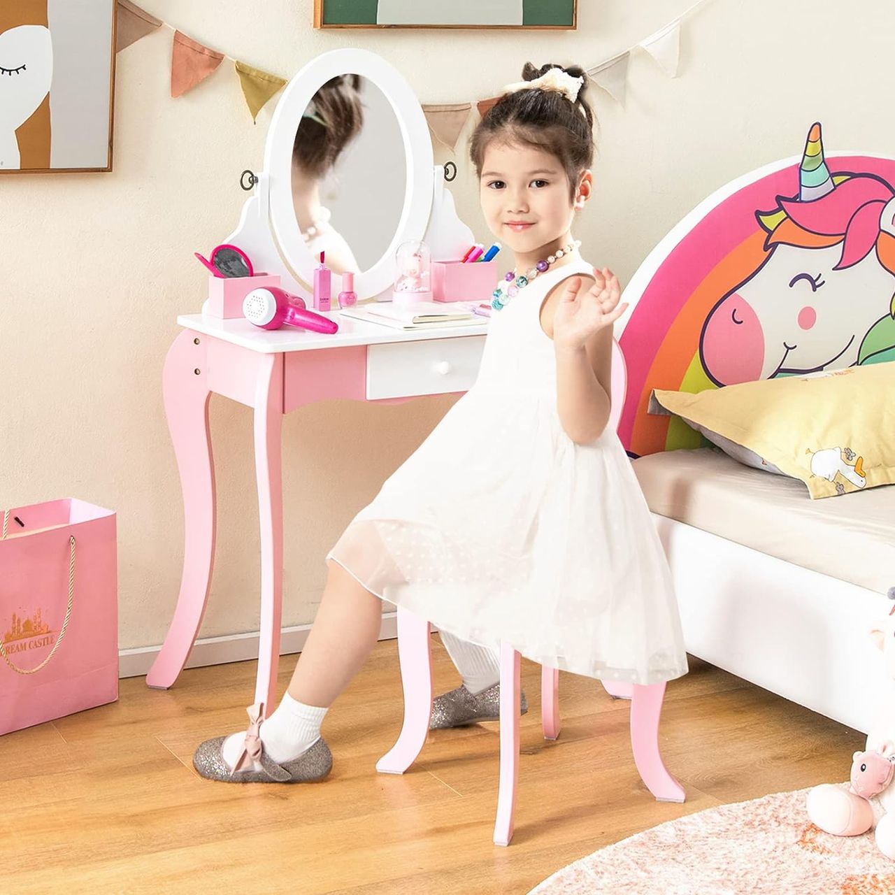 Costway 2 in 1 Kinder Schminktisch & Hocker