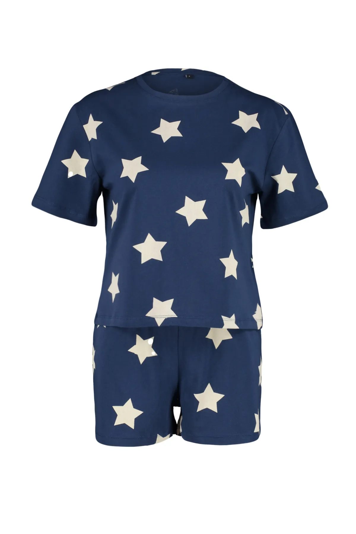 Trendyol Collection  Marineblaues Strickpyjama-Set mit T-Shirt und Shorts aus 100 % Baumwolle mit Sternmuster THMSS22PT0501