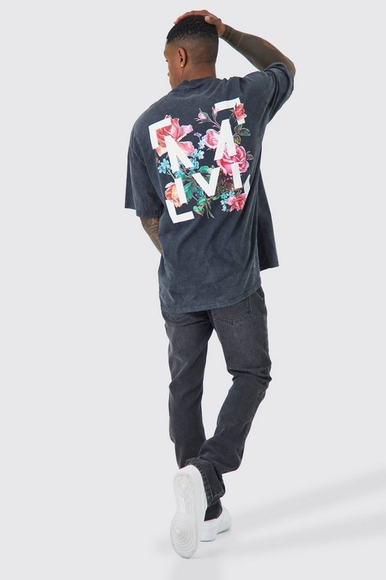 Oversize T-Shirt mit Acid-Waschung und floralem Print