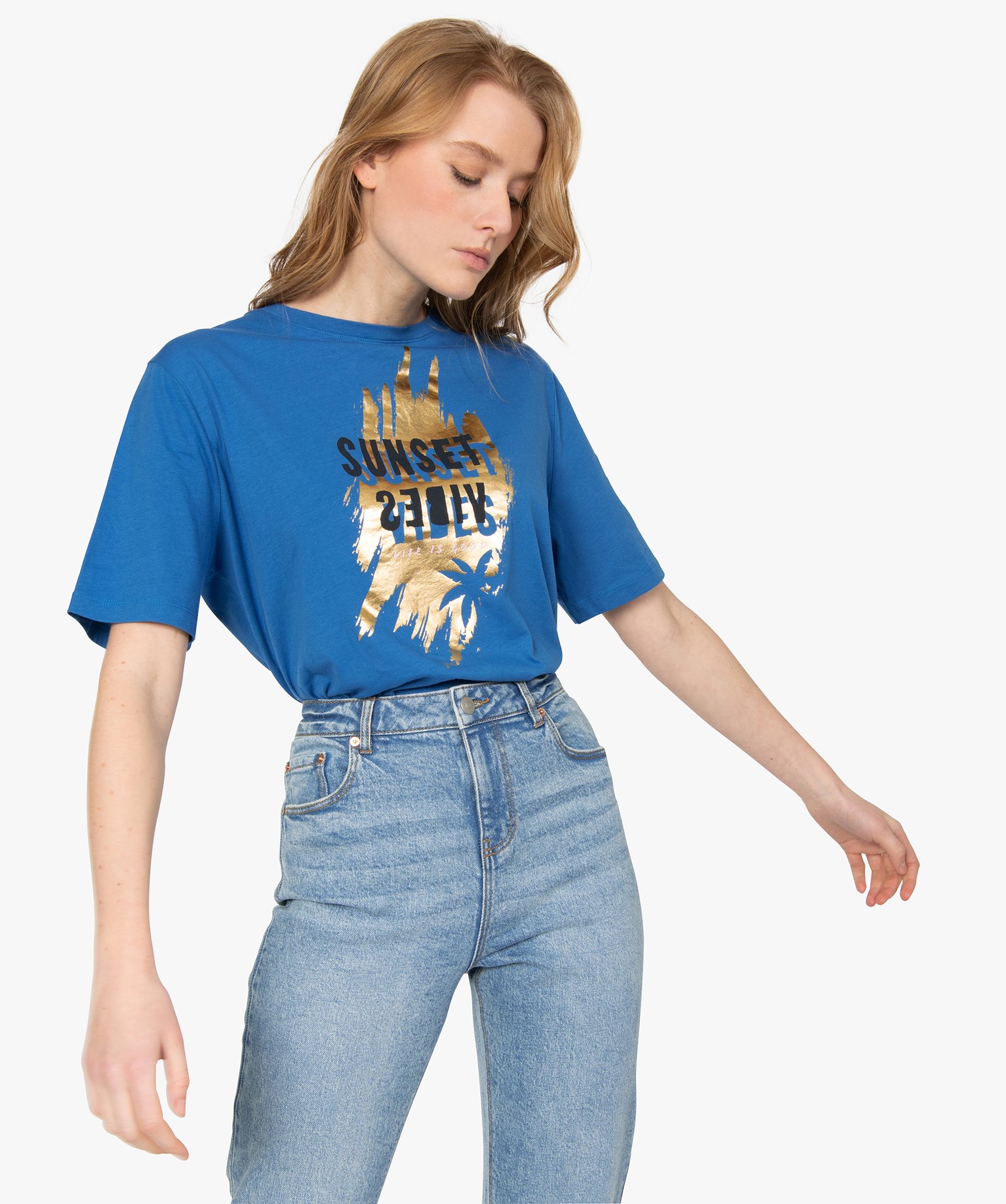 Tee-shirt femme ample à motif brillant bleu | GEMO