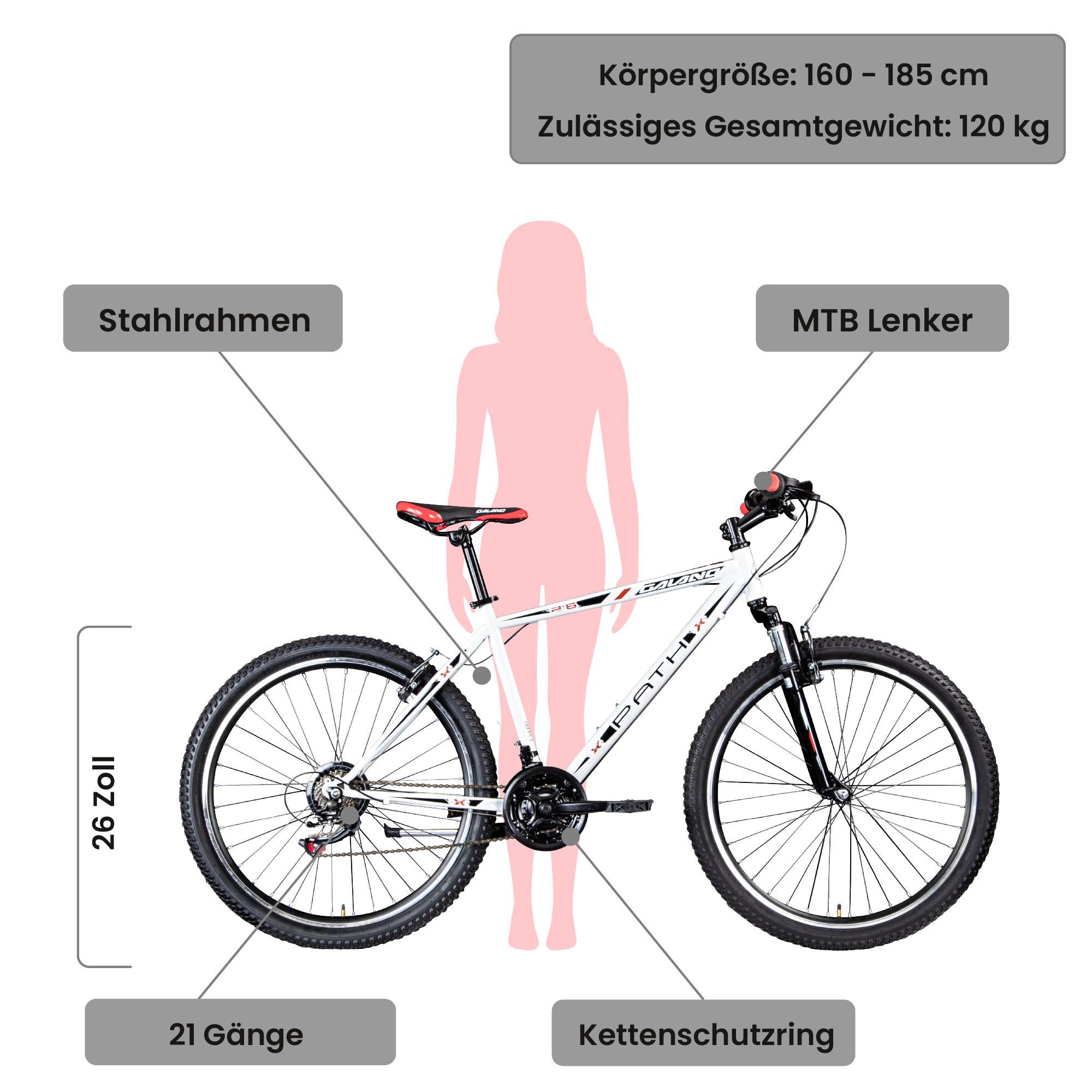 Galano Mountainbike Path, 21 Gang, Kettenschaltung, Mountainbike Jugendfahrrad ab 160 cm Fahrrad MTB Hardtail