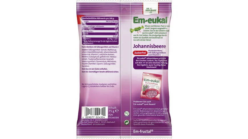 Em-eukal Hustenbonbon Johannisbeere gefüllt zuckerfrei 75 g