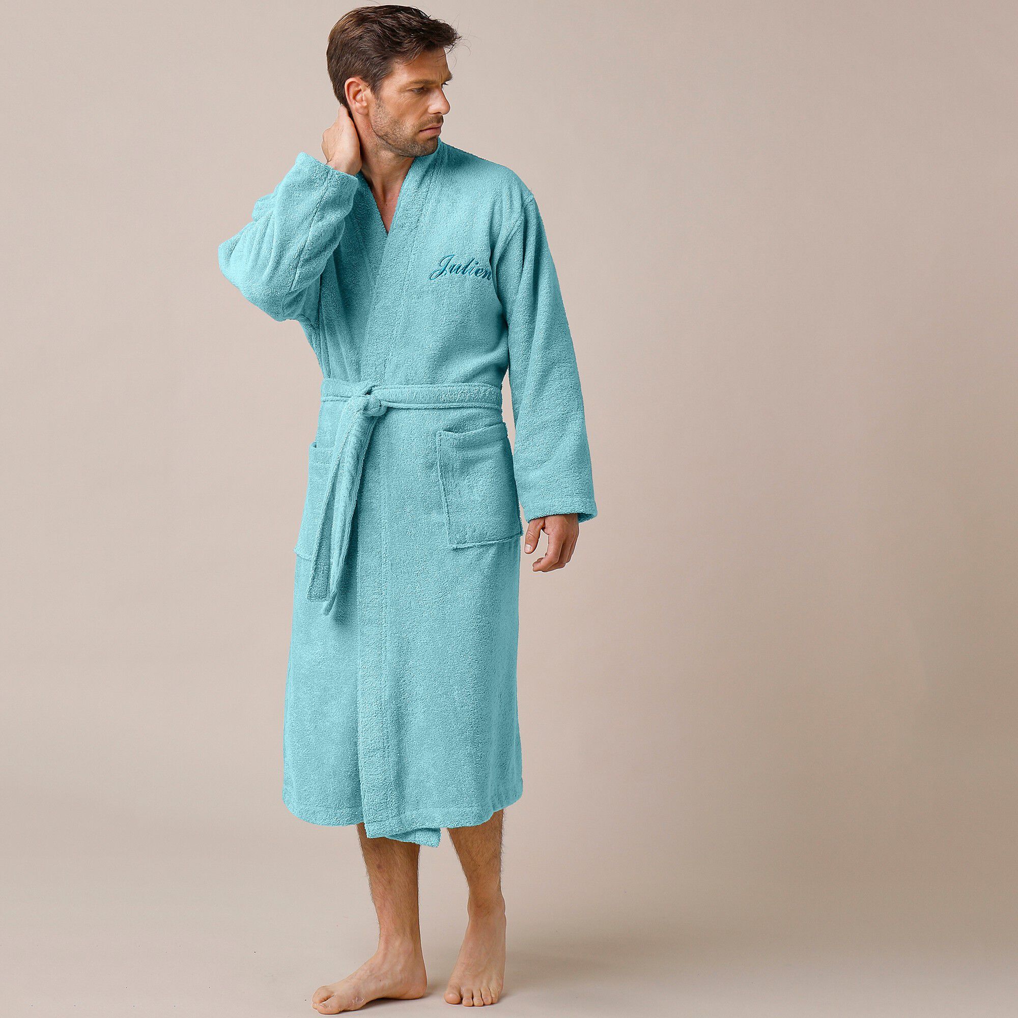 Peignoir mixte adulte uni coton éponge bouclette col kimono personnalisé