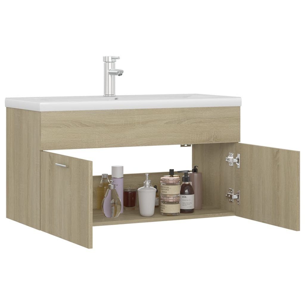 vidaXL Badezimmerspiegelschrank Waschbeckenunterschrank Einbaubecken Sonoma-Eiche Holzwerkstoff (1-St)