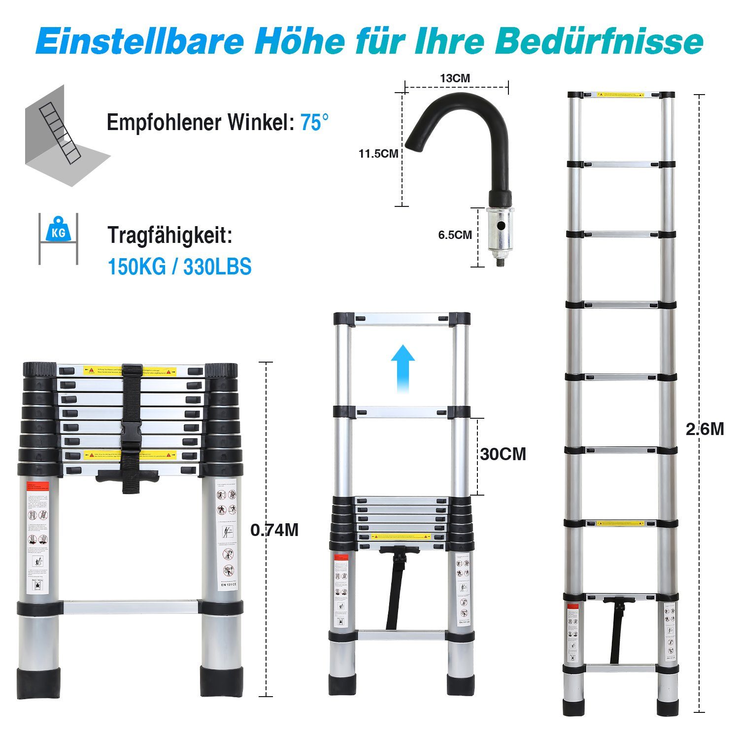 TolleTour Teleskopleiter Teleskopleiter Alu 2.6m-5m Ausziehleiter Anlegeleiter