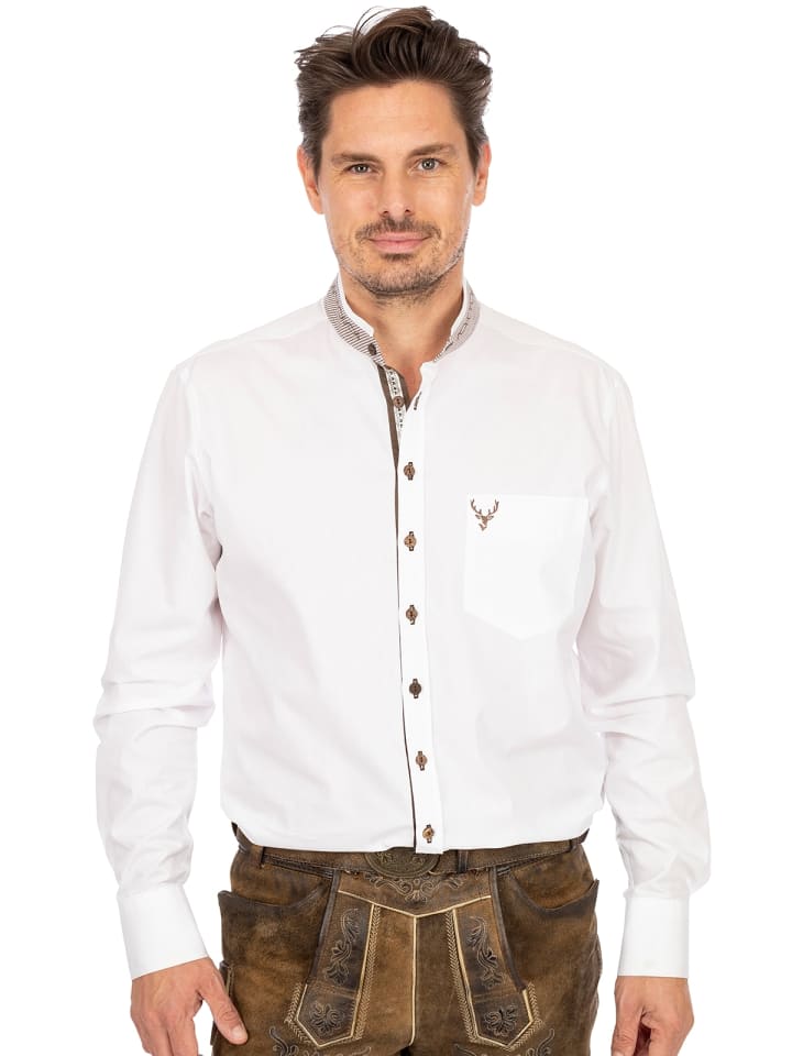 OS-Trachten Stehkragenhemd 420002-3684 in weiß-braun günstig kaufen 3XL