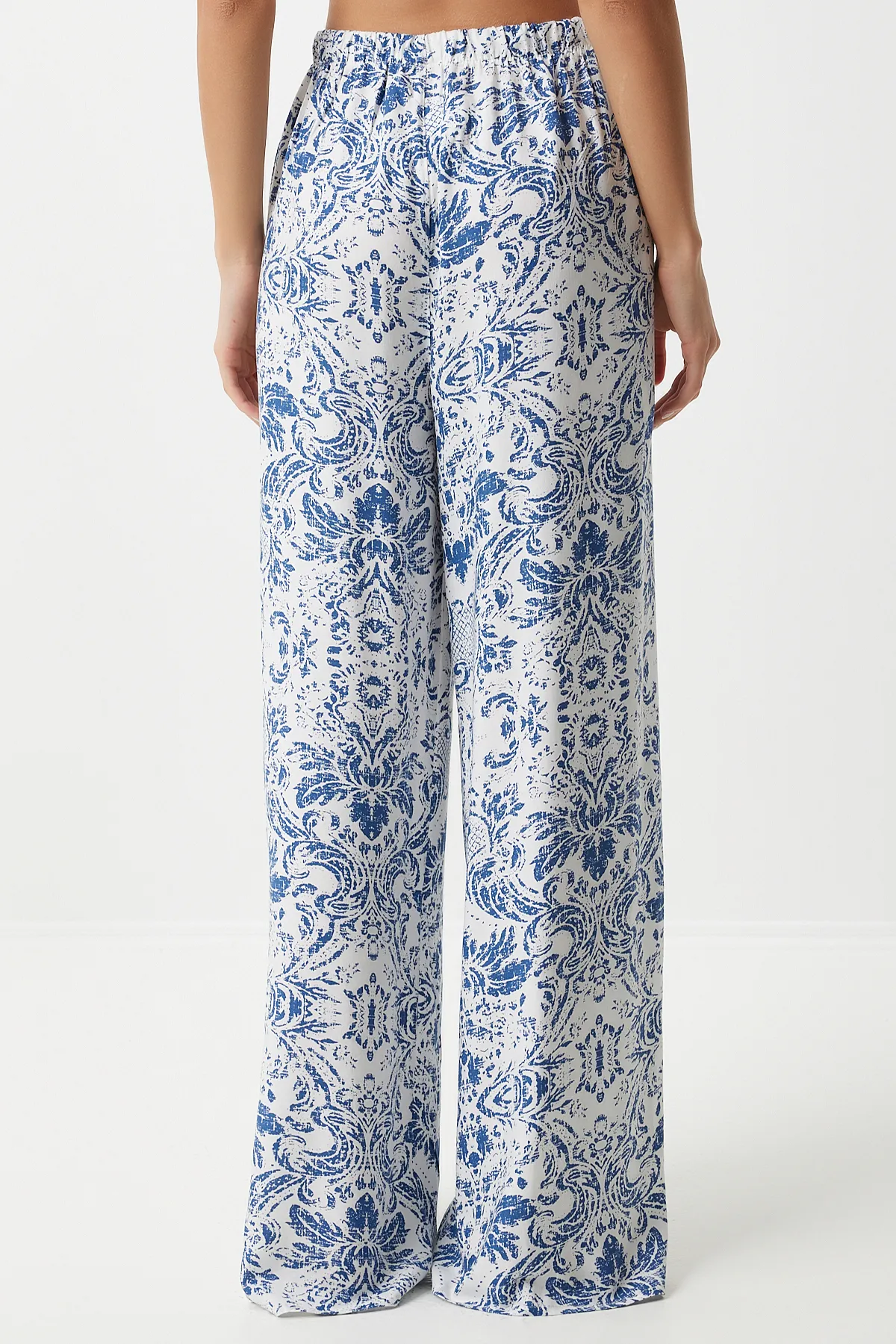 Happiness İstanbul  Damen-Sommerhose aus Viskose, blau, weiß, hohe Taille, locker, BH00354