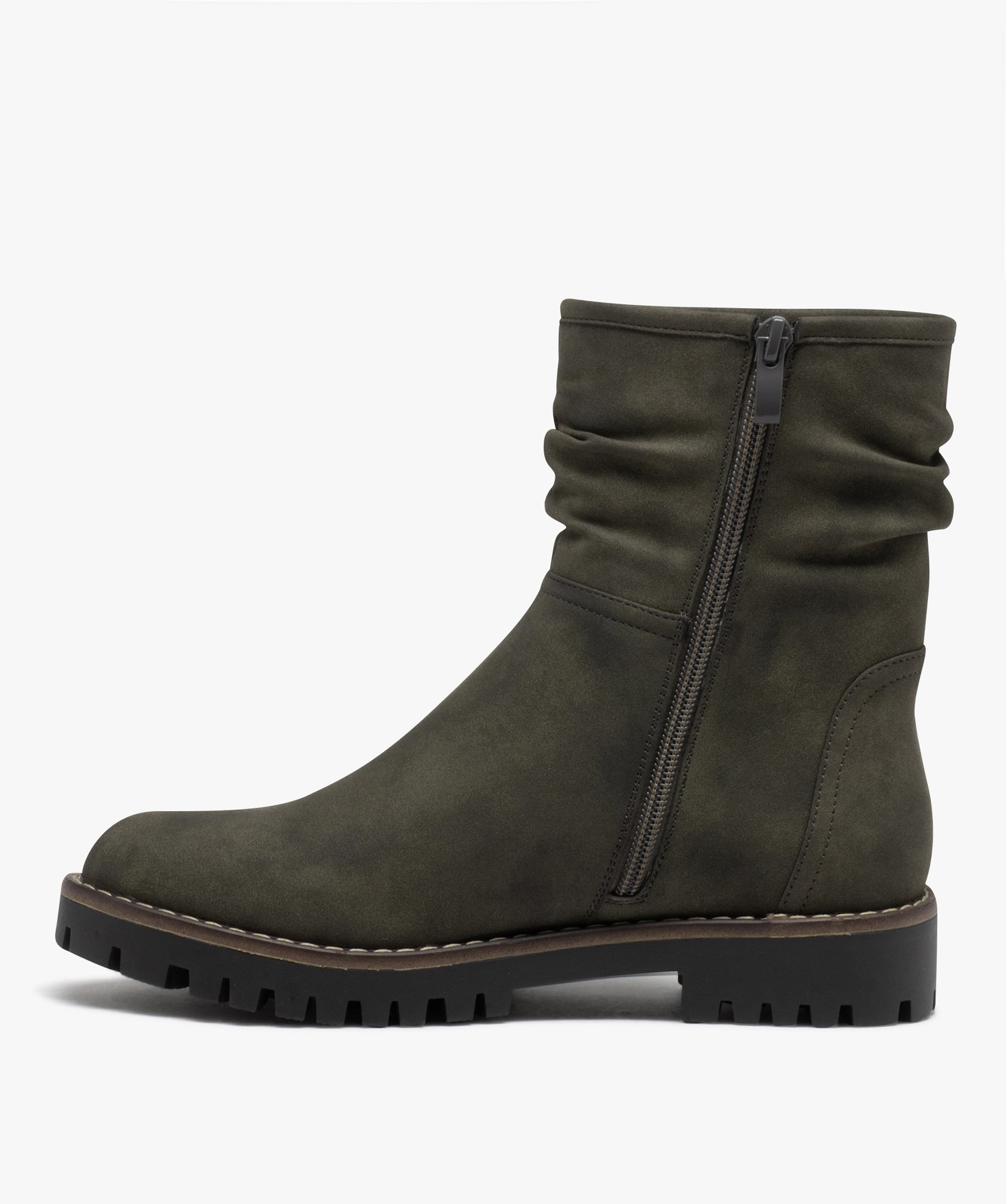 Boots femme à talon plat dessus uni avec col plissé kaki | GEMO