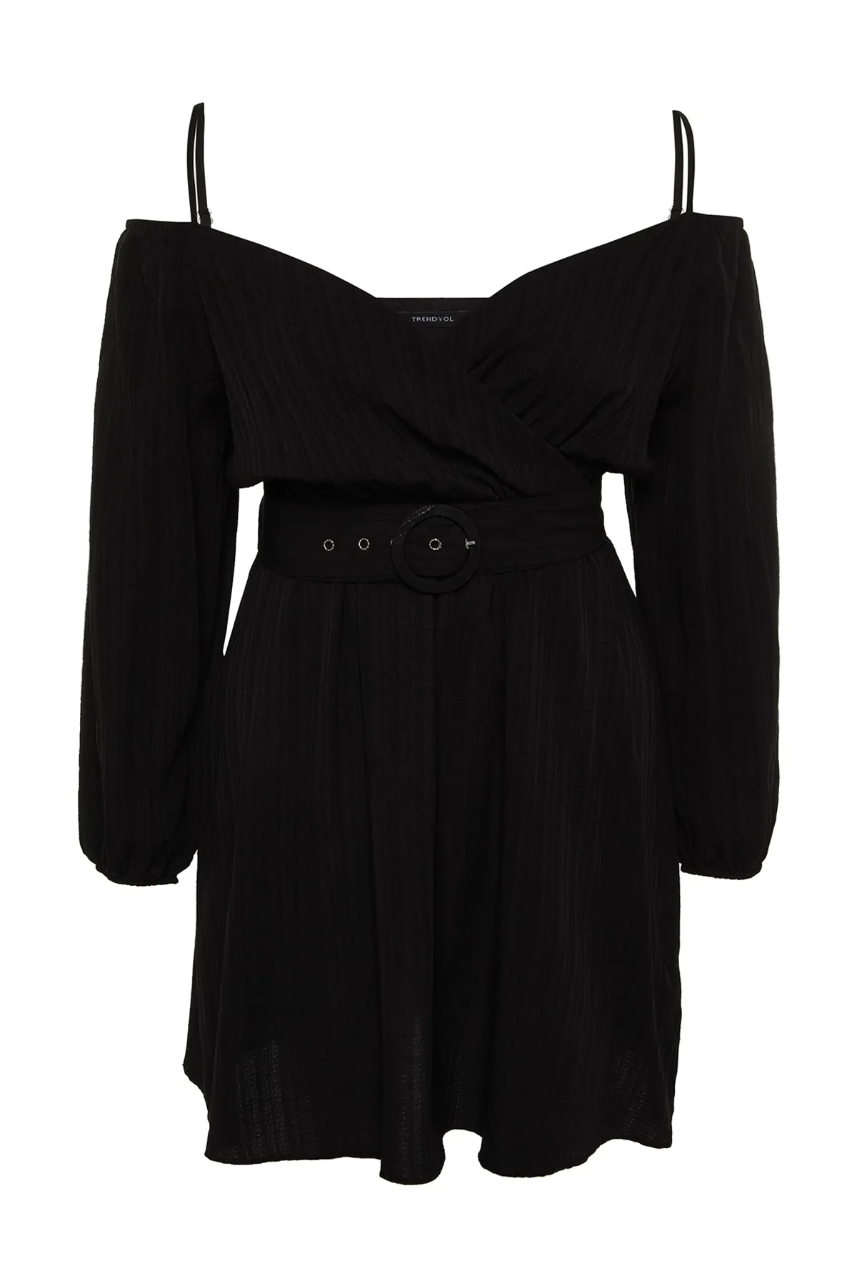 Trendyol Curve  Schwarzes gewebtes Kleid mit zweireihigem Kragen und Gürtel TBBSS23AH00206