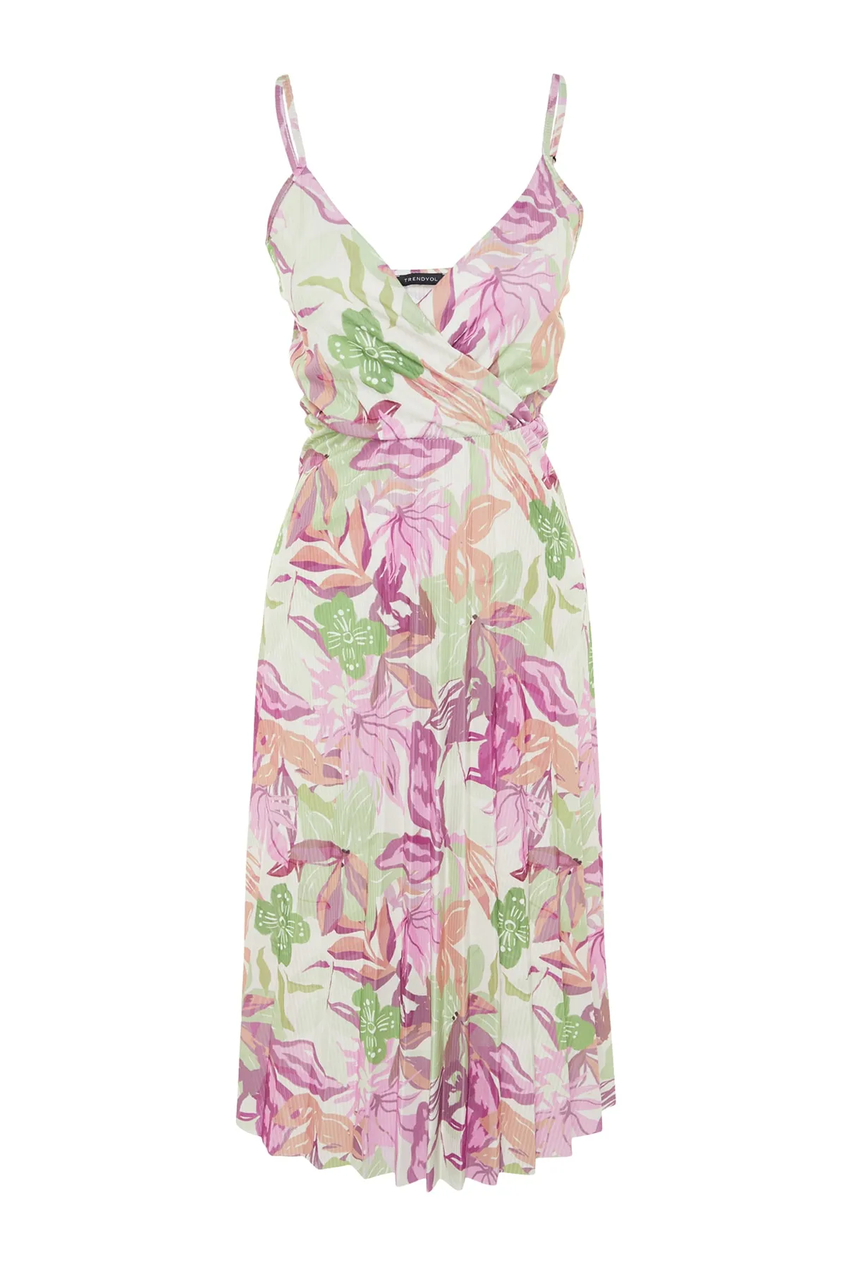 Trendyol Collection  Fliederfarbenes, floral gemustertes Midi-Kleid mit offener Taille/Skater, zweireihig, plissiert, flexibles Strickkleid TWOSS20EL2729