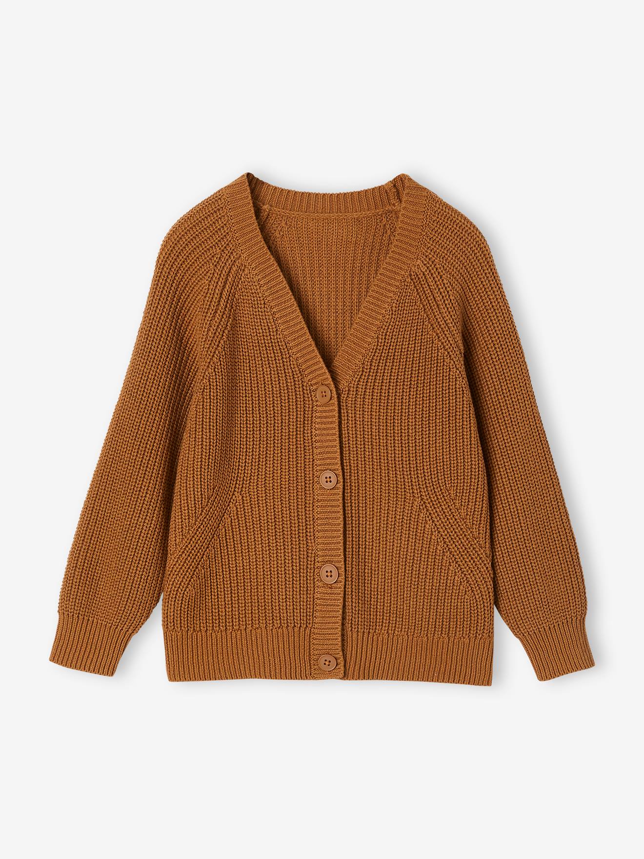 Gilet col V fille en côtes anglaises écru