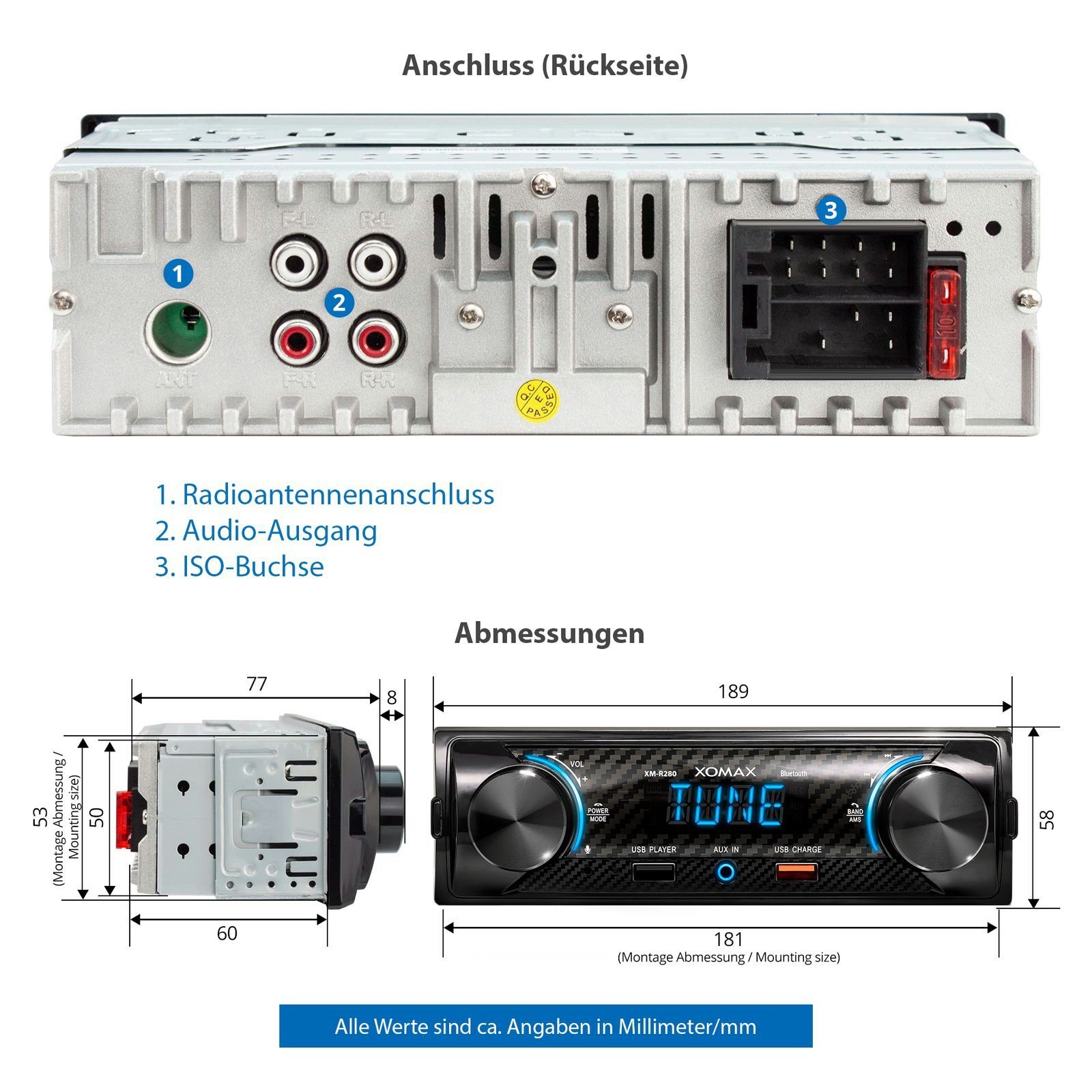 XOMAX XM-R280 Autoradio mit Bluetooth, 2. USB mit Ladefunktion, Aux, 1 DIN Autoradio