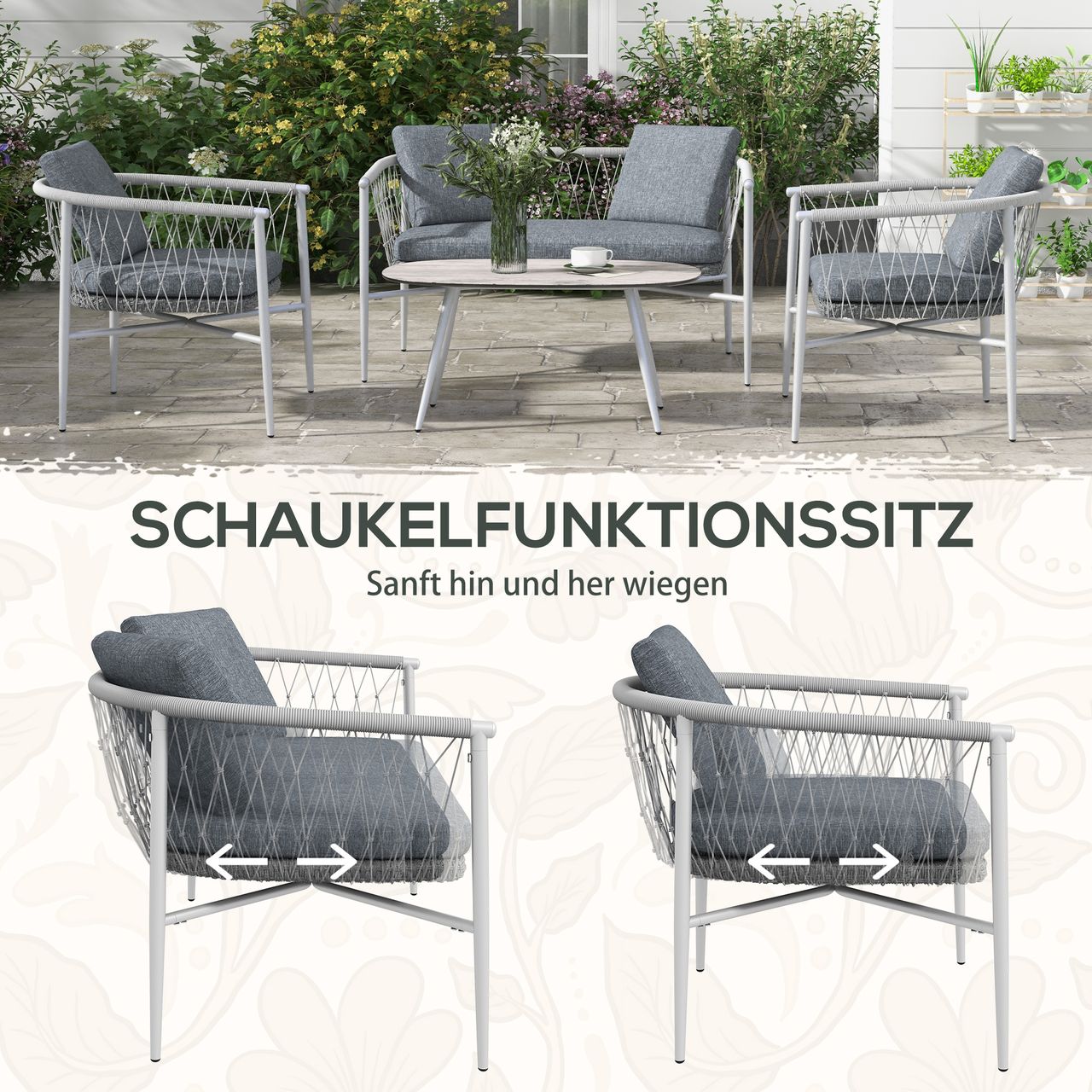 Outsunny 4 tlg. Rattan Gartenmöbel-Set mit Kissen, Schaukelfunktion für Garten