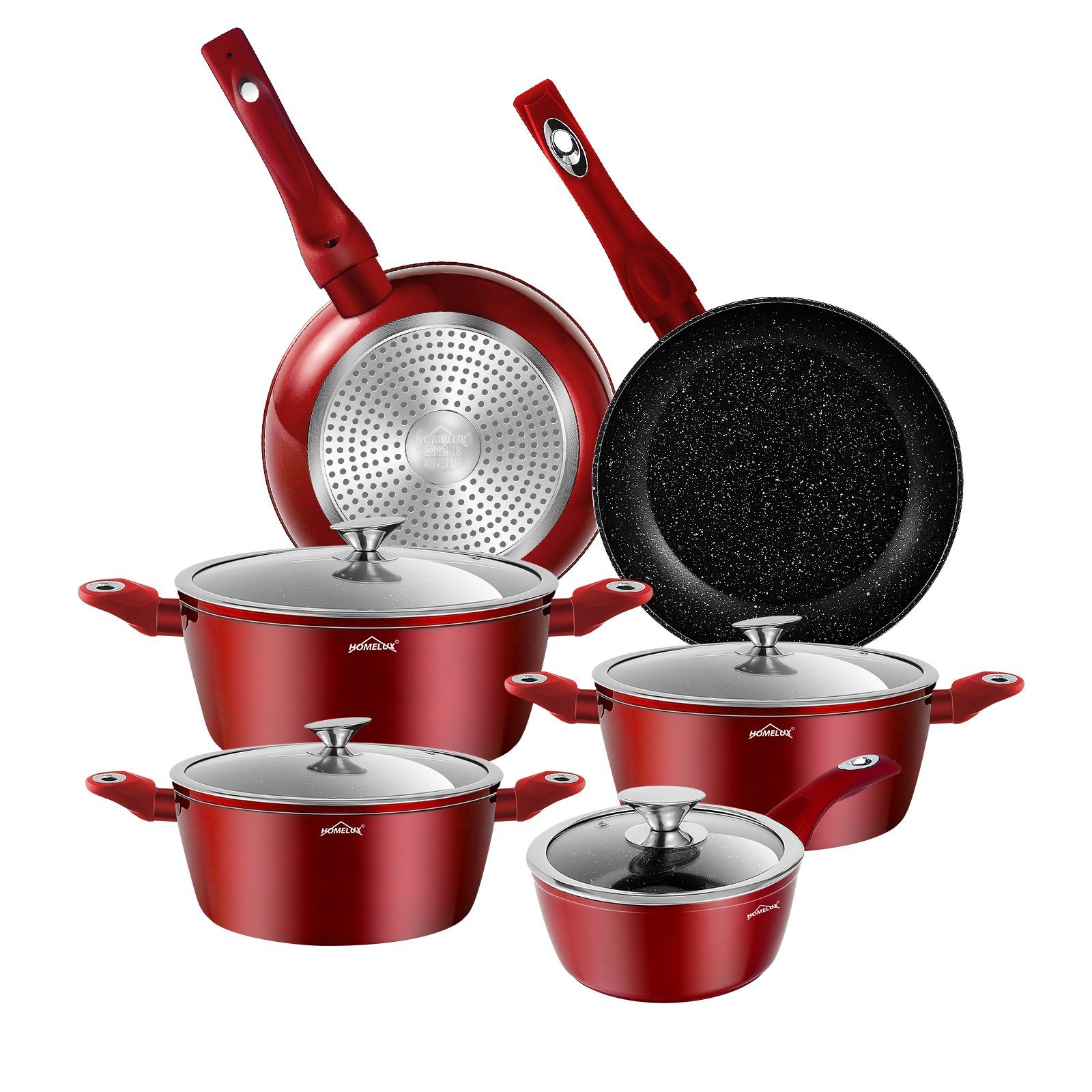 HOMELUX Topf-Set 10 tlg Aluminium Kochtopf mit Glasdeckel Antihaftbeschichtung Topf, Aluminium (4 Töpfe mit Glasdeckel + 2 Pfanne), Induktionsgeeignet