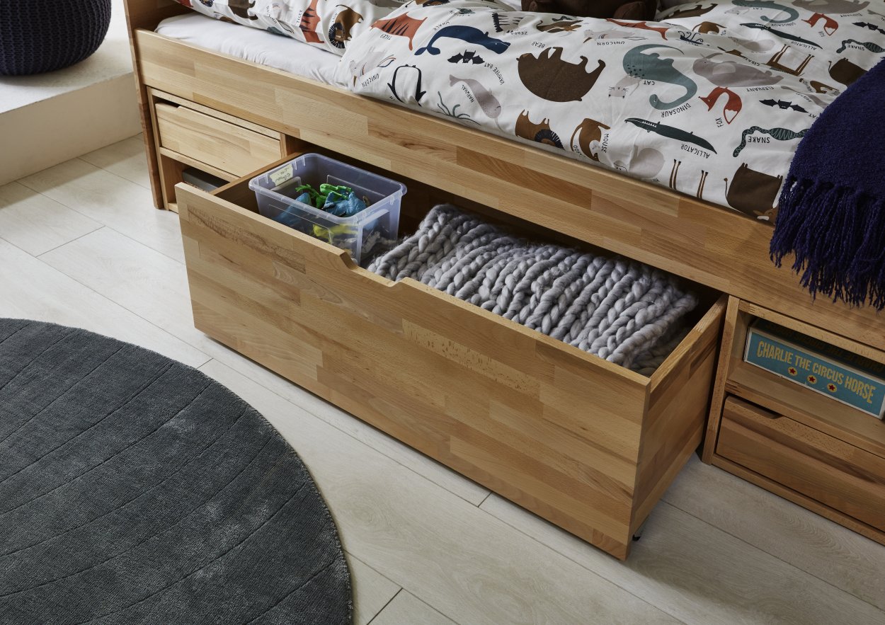 Relita RELITA - Kojenbett LEVI 90x200 Buche massiv natur lackiert, inkl. Rollrost, 3 Schubladen, 2 Fächer