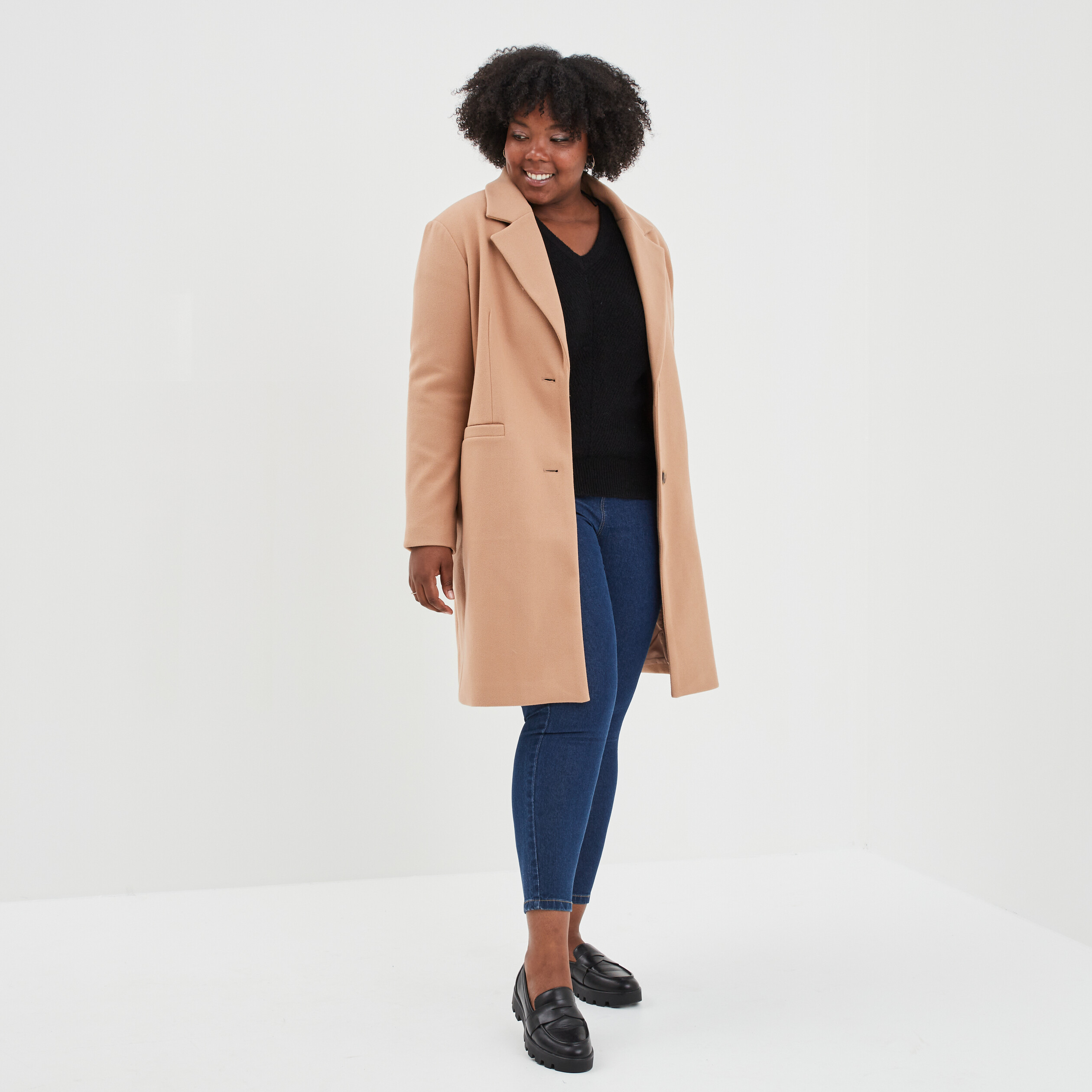 Manteau long boutonné marron clair femme grande taille | La Halle