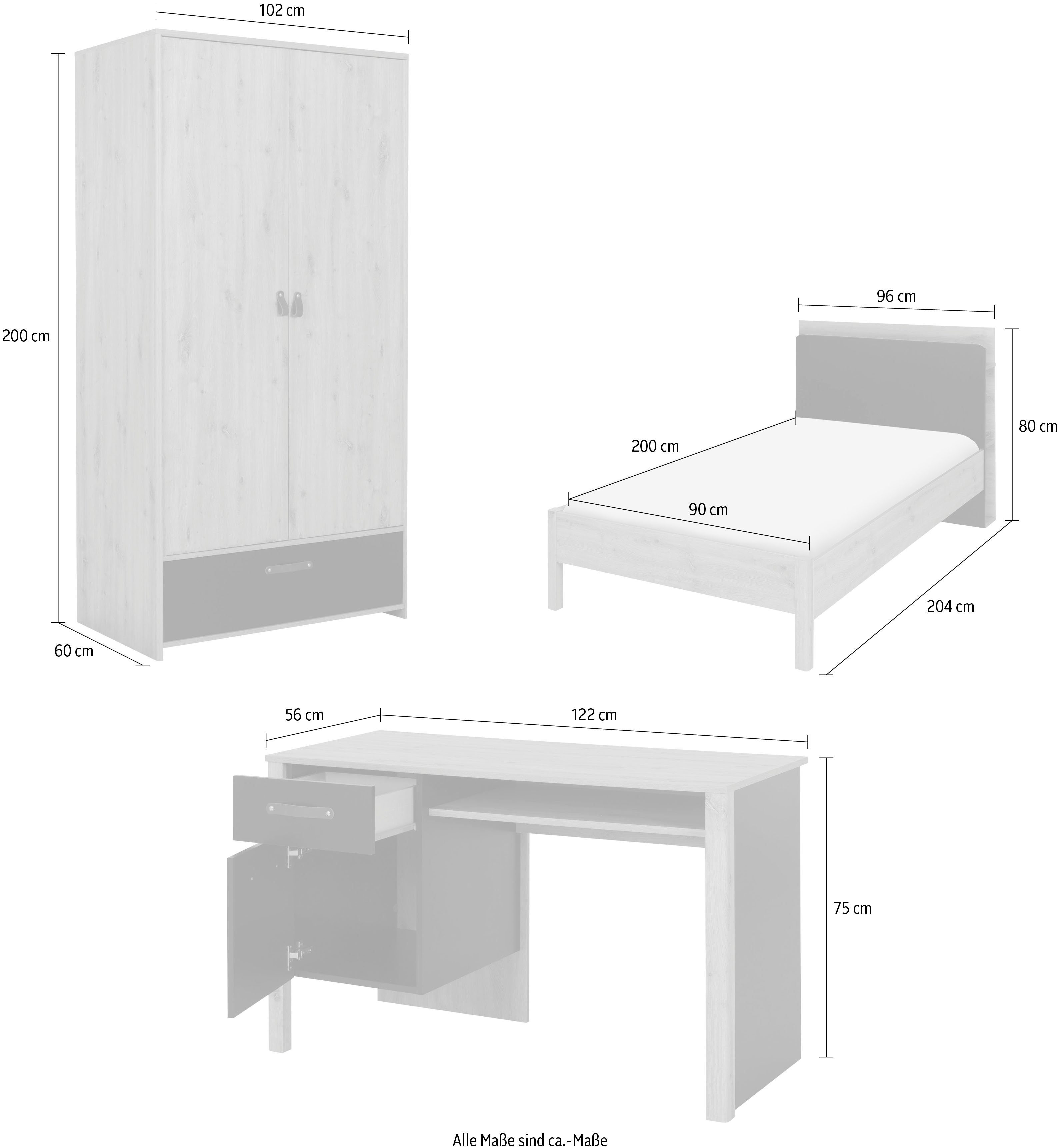 Gami Jugendzimmer-Set Arthus, (4-St., Bett mit Kopfteil, Kleiderschrank, Schreibtisch)