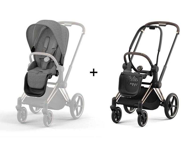 Poussette PRIAM 4 châssis Rose Gold habillage Manhattan Grey Plus (Tissu Premium)